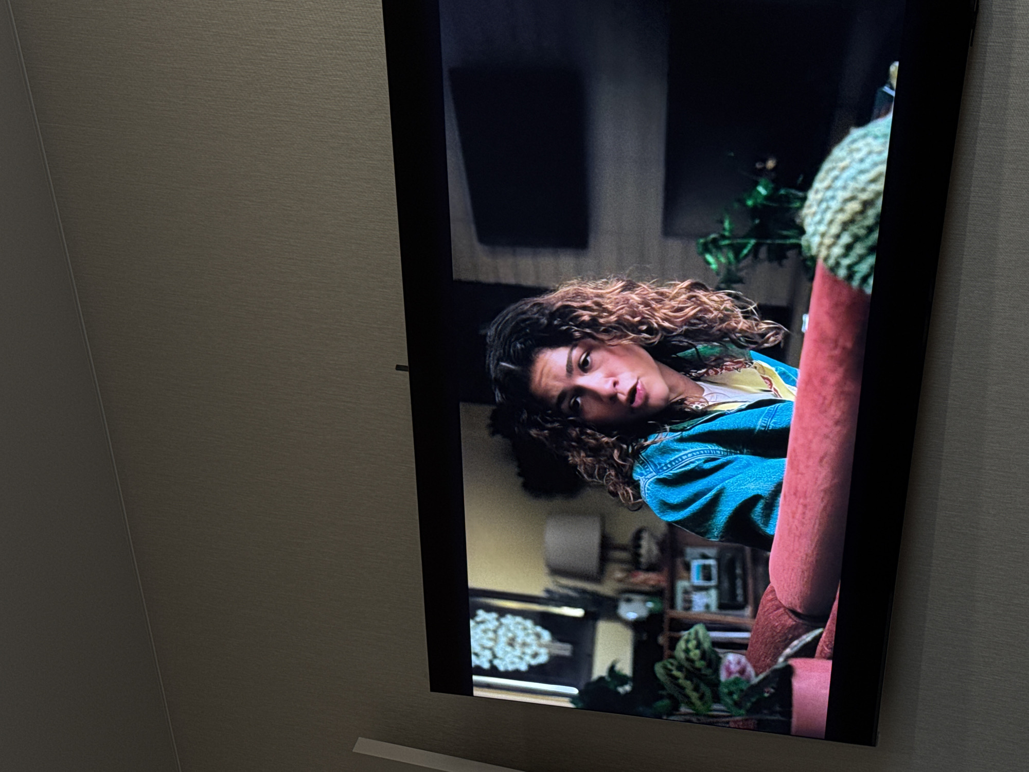 A television screen shows a person with long curly hair, wearing a blue jacket and lying down. The background includes furniture, plants, and decorations. The location and city are unknown. The person is not interacting with anyone in the image.