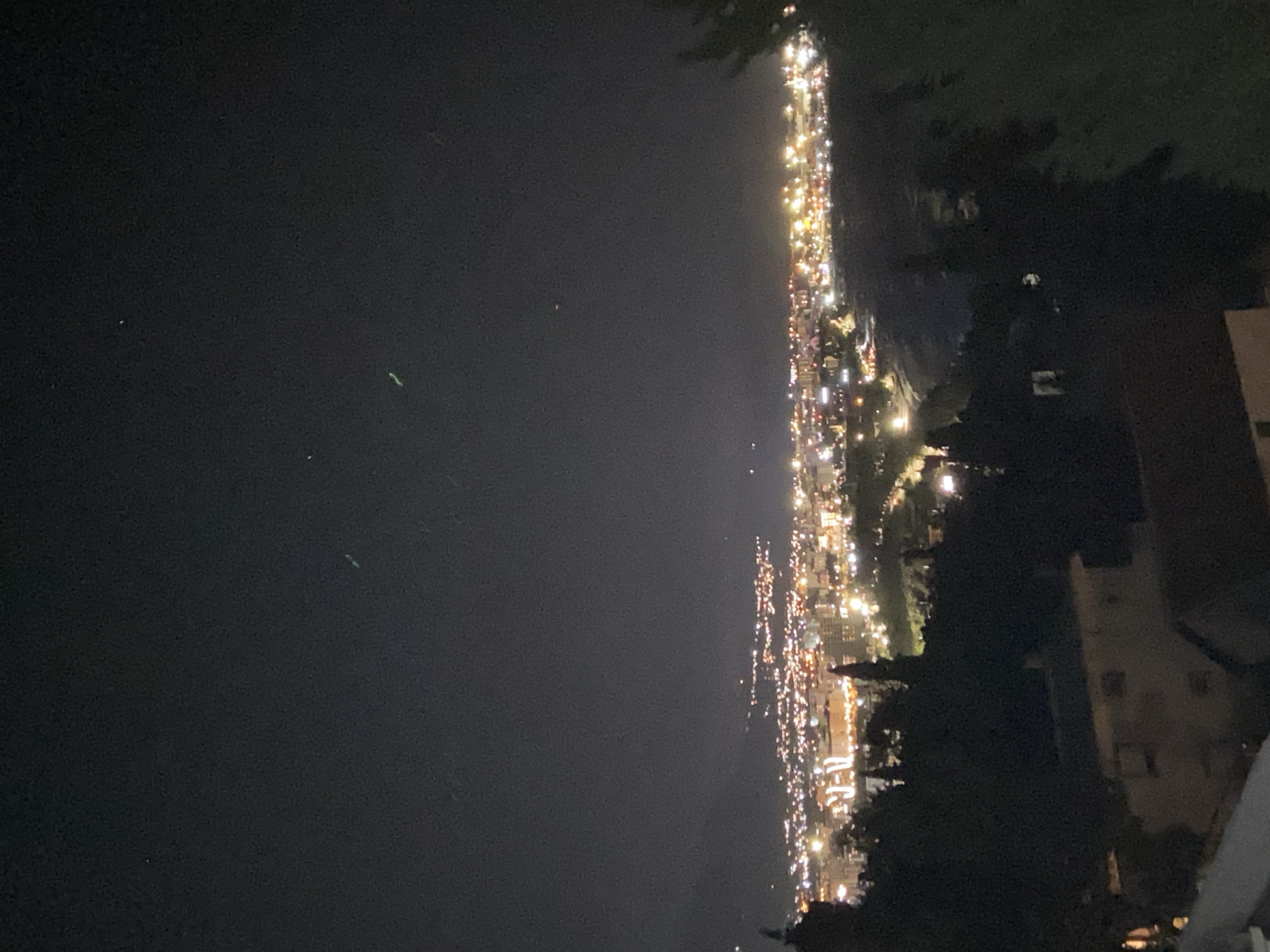 The image shows a nighttime view of Šušanj, Montenegro. The cityscape is illuminated by numerous lights stretching along the coastline. Adjacent to the city, there is dark water. On the right side of the image are trees and a building. The perspective is from an elevated position.