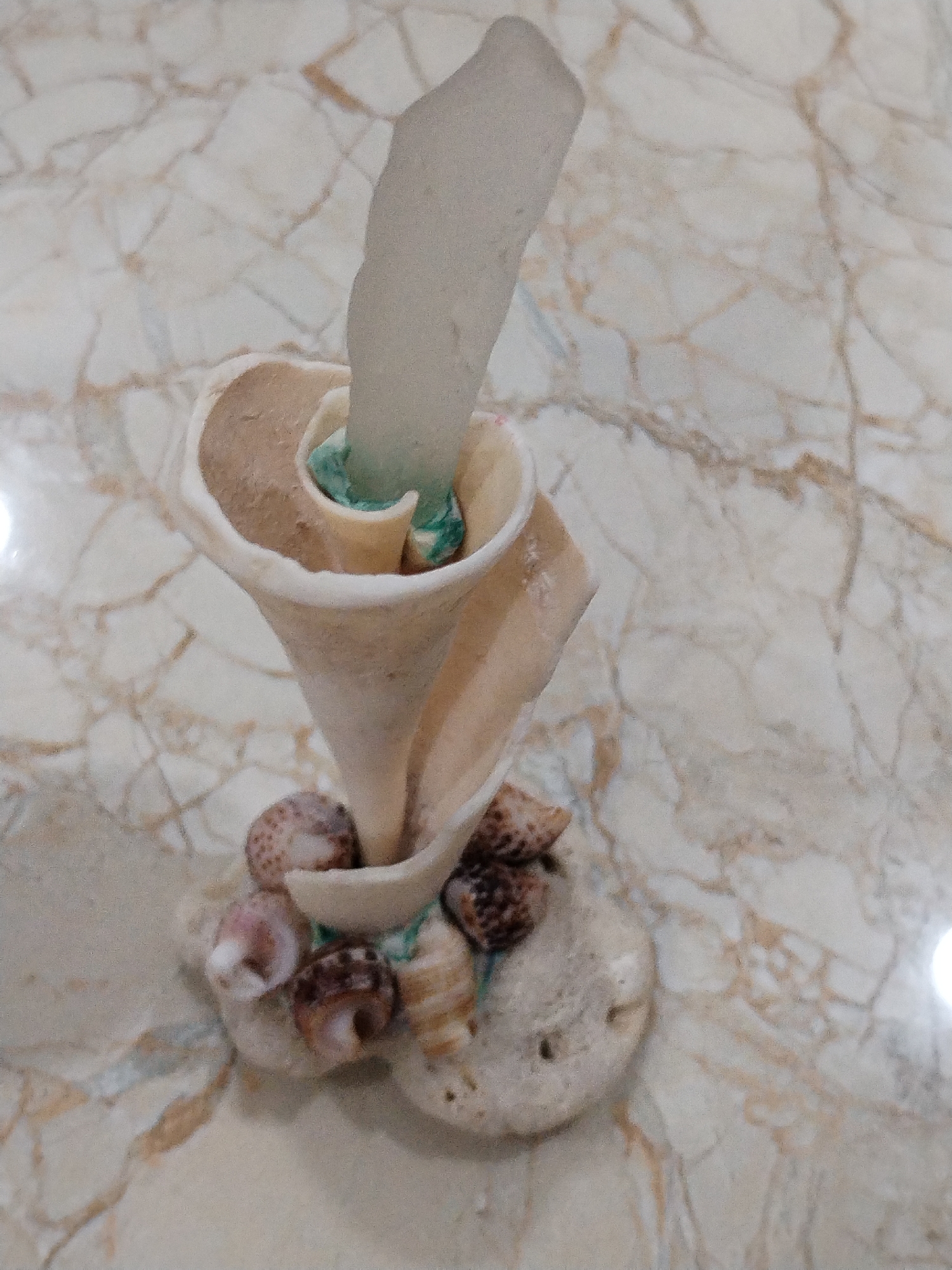 The image shows a decorative seashell arrangement on a surface resembling marble. A large, spiraled seashell forms the primary structure, with a tall, opaque object resembling a piece of sea glass inserted into its opening. Smaller seashells and a piece of coral are clustered around the base of the large shell. The overall color palette is muted, with beige, brown, and white tones dominating.
The location in the city of Nha Trang Ward, Vietnam is based on the prompt.
