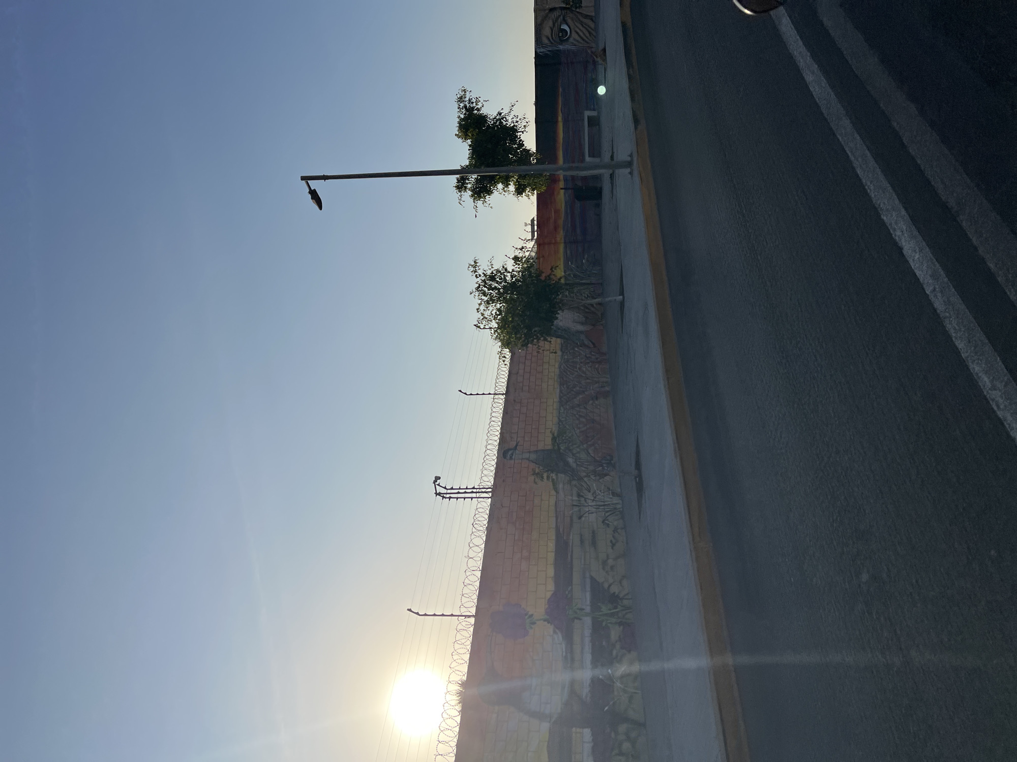 The image depicts a street scene in Arica, Chile at sunset. A tall mural depicting an eye is visible, along with a lower brick wall topped with barbed wire and featuring artwork of plants and birds. A street lamp stands tall along the mural wall. A row of trees is located along the mural wall. The road surface is to the right, marked with white lines, and the sun is setting in the distance near the wall.