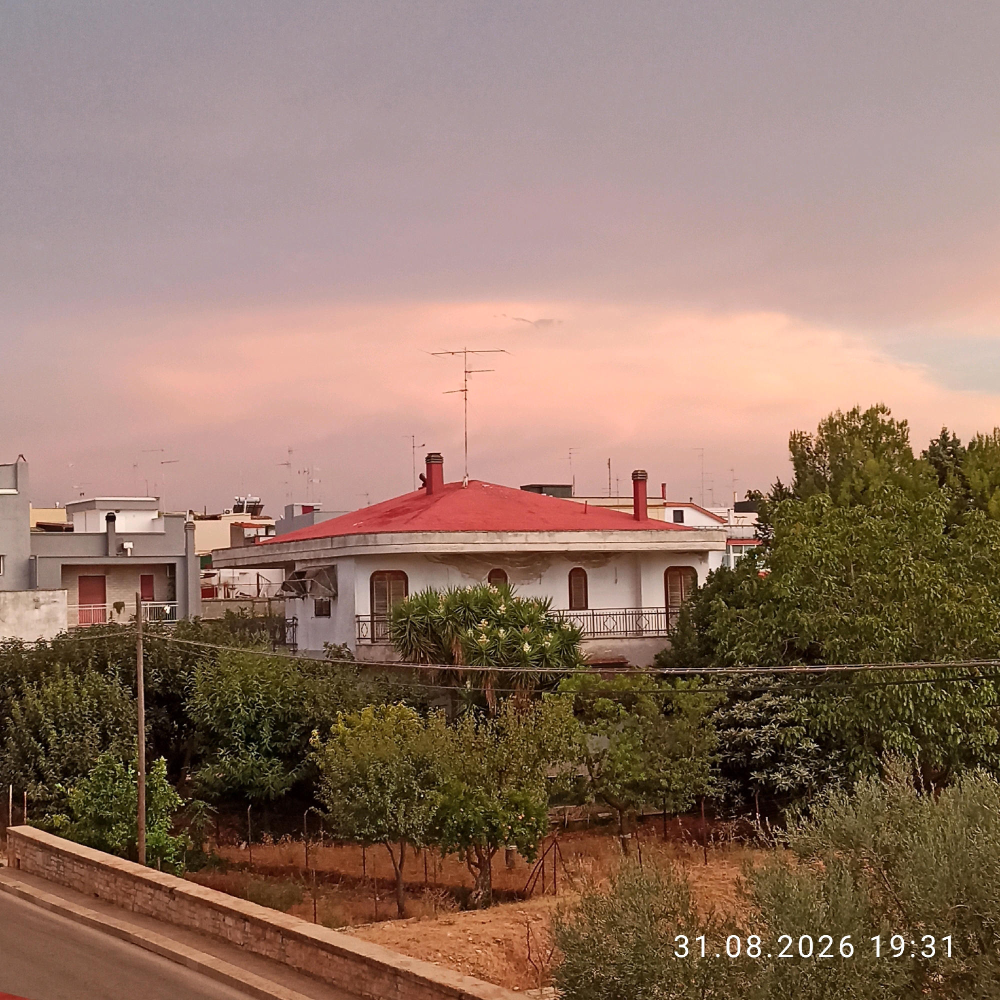 The image is a landscape view of a residential area in Bitonto, Italy, at dusk. A white, octagonal house with a red roof is prominently featured in the center, featuring multiple windows and chimneys. Surrounding the house are various other buildings and lush green trees. The sky is a soft pink and purple hue, suggesting the sun is setting. A small part of a road is visible in the lower left corner, and a stone wall runs along the bottom of the frame. The timestamp "31.08.2026 19:31" is overlaid in the bottom right corner. No people are visible in the image.