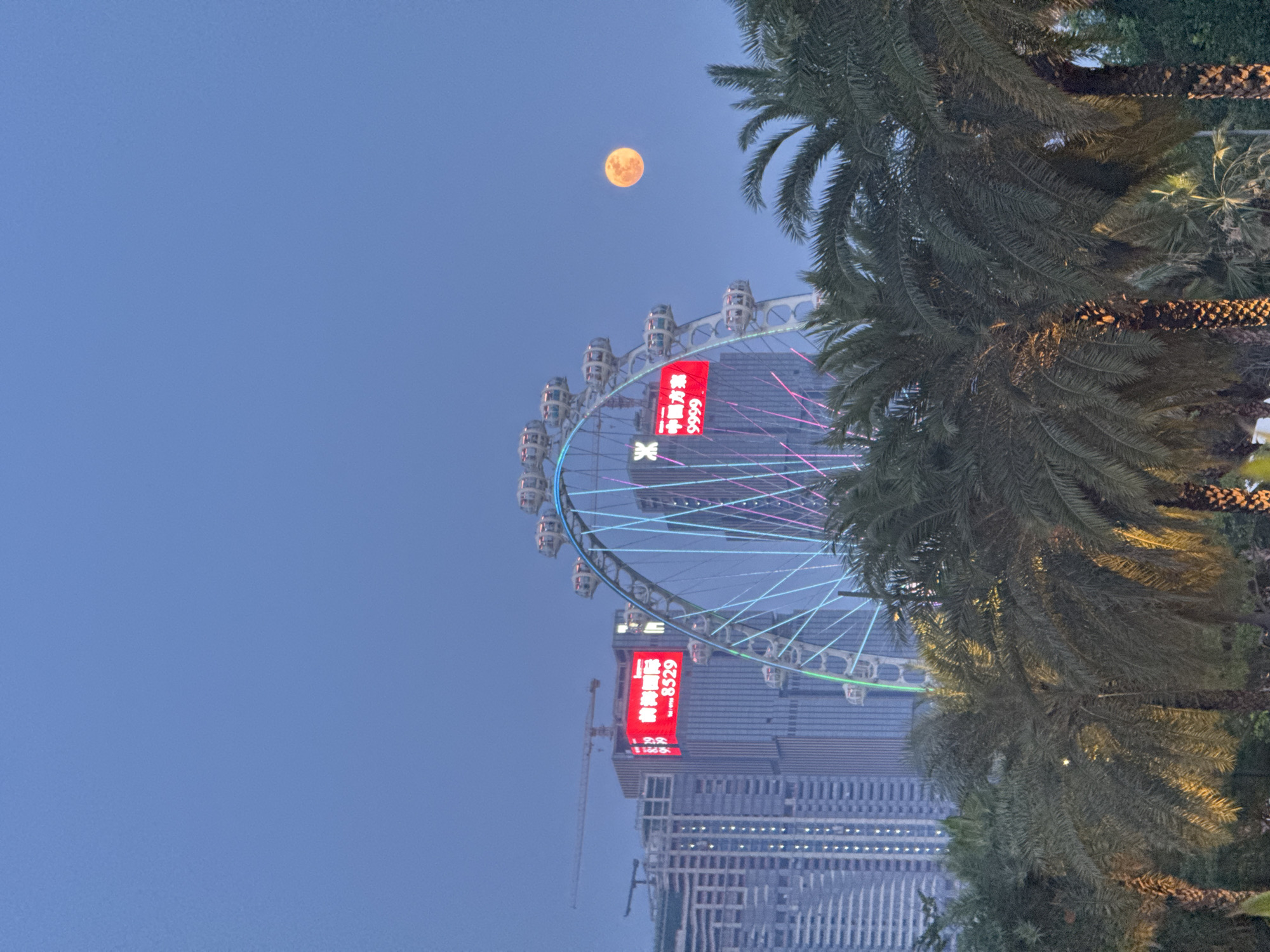 A vertical, eye-level shot captures a full moon above a Ferris wheel in Bao'an District, China. The Ferris wheel displays Chinese characters vertically. Tall buildings stand behind the wheel, with a construction crane visible to the left. Palm trees frame the right side of the image. The sky is a clear, blue-purple twilight.