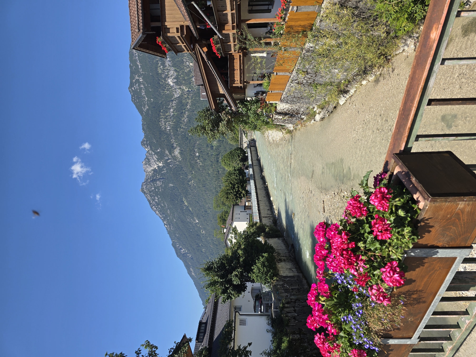 This is a vertical, outdoor, daytime photograph taken from a bridge in Garmisch-Partenkirchen, Germany. In the foreground, a wooden planter box filled with bright pink geraniums and smaller blue flowers sits on a metal railing. Beyond the planter, a clear, shallow river flows between stone-lined banks. On the right bank, traditional Bavarian wooden houses with balconies adorned with red flowers are visible. On the left bank, white houses and trees line the river. In the background, a large, tree-covered mountain dominates the skyline under a clear blue sky with a single wispy cloud.