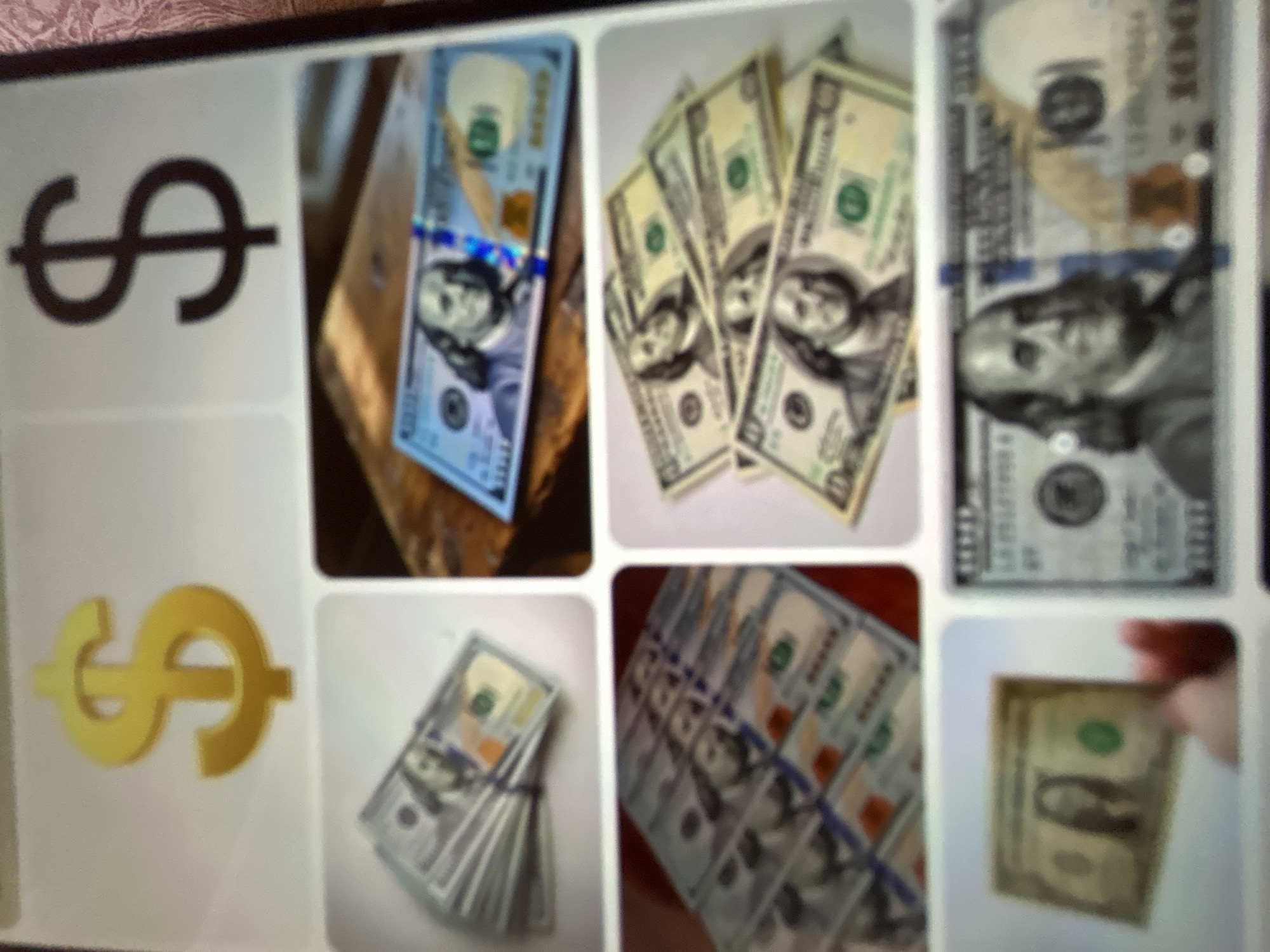 This media file displays a collage of images featuring US dollar bills and dollar signs. The top row contains three images: a stylized black dollar sign on a white background, a single hundred-dollar bill with a blue security ribbon, and a fanned group of five hundred-dollar bills. The bottom row shows three more images: a gold-colored dollar sign on a white background, a stack of hundred-dollar bills bound with a rubber band, and a series of hundred-dollar bills fanned out and bound together. A final image in the bottom right corner shows a hand holding a single dollar bill. The overall impression is one of wealth and finance, with no discernible activity or event taking place, and no specific time of day, weather, or emotion conveyed. The setting is ambiguous, though the presence of dollar bills suggests a financial context. There is no visible text in the file, aside from the denominations and symbols on the currency itself. The provided location context of Gelendzhik, Russia, does not appear to have any relevance to the visual content of the media file.
