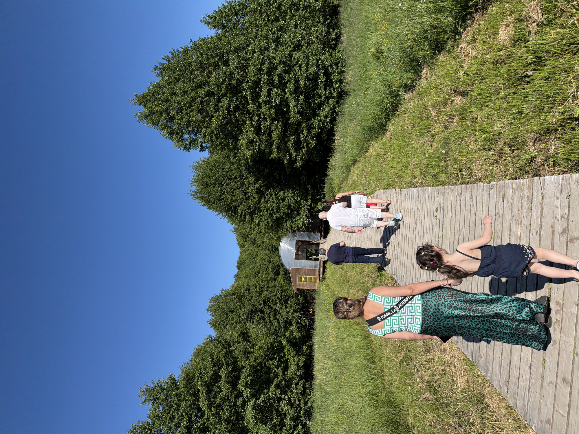 Six individuals are observed from behind, walking along a wooden boardwalk through a natural outdoor setting under a clear, bright blue sky. The boardwalk, constructed from light-colored planks, extends into the mid-distance, flanked by tall, green grass with some drier patches. A dense line of mature deciduous trees with full green foliage forms a solid backdrop across the scene.
In the foreground, a woman with light brown hair pulled into a bun walks on the left. She wears a sleeveless top with a green and white Greek key pattern and a long, flowing green skirt with a black leopard print. A black strap bearing the text "KARL LAGERFELD" in white is visible across her left shoulder. To her right and slightly ahead, a young girl with dark hair tied in two ponytails walks in a dark blue or black sleeveless romper.
Further along the boardwalk, ahead of the woman and girl, are four other adults. From left to right: a man in a dark blue t-shirt and dark blue jeans; a man in a white t-shirt and white shorts; a woman in a dark top and light-colored shorts, partially obscured; and another partially visible adult to the far right. All individuals are walking in the same direction towards a structure in the background.
The structure is a small, modern building situated amidst the grass and trees. It features light-colored wooden walls and a distinctive curved, possibly metallic or translucent, roof or front section that forms an archway, suggesting an entrance. Strong sunlight indicates a clear day, likely midday or early afternoon, casting distinct shadows on the boardwalk.