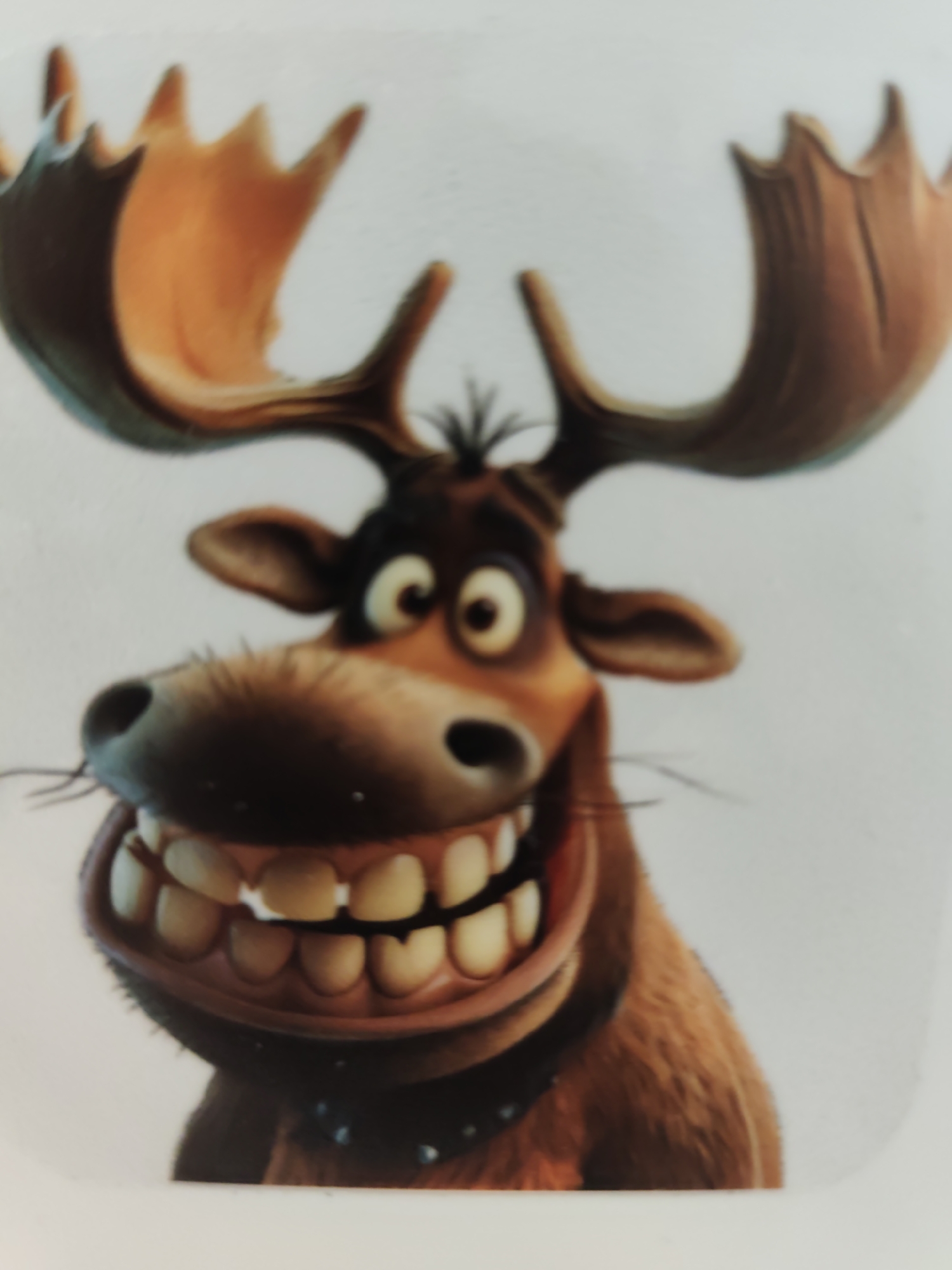 This image, located in the city of Pazardzhik, Bulgaria, presents a close-up, chest-up view of a single anthropomorphic cartoon moose character. The moose faces forward with a wide, exaggerated, open-mouthed grin, revealing numerous large, yellowish-white teeth in both upper and lower jaws, some exhibiting minor irregularities. Its eyes are wide and circular, featuring prominent white sclera and small black pupils. Dark brown fur covers its body, with lighter brown and orange hues defining its large, multi-pronged antlers that extend broadly from its head. Tufts of dark hair are visible on its head and above its eyes, and fine dark whiskers protrude from its dark-colored snout. A dark collar with metallic stud details is visible around its neck. The character is set against a uniform, plain off-white background, devoid of any environmental context or other subjects.