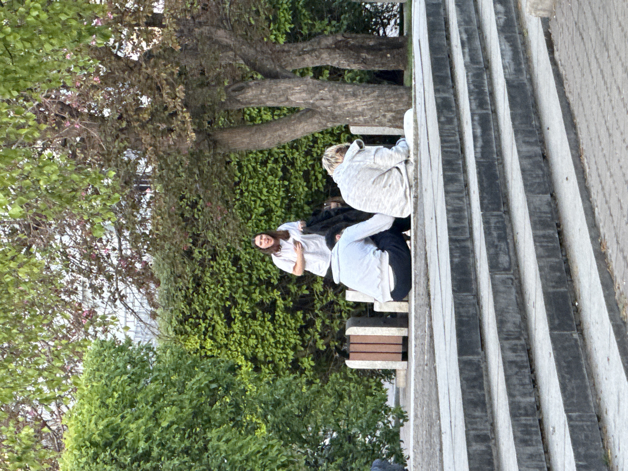 The image depicts a group of individuals at a location adjacent to a set of concrete stairs and a green space with trees, possibly in Krasnoyarsk, Russia. Three individuals are visible: one standing, and two sitting on a bench, all appearing to be engaged in conversation or relaxation. The environment includes a tree, shrubs, and paved ground.