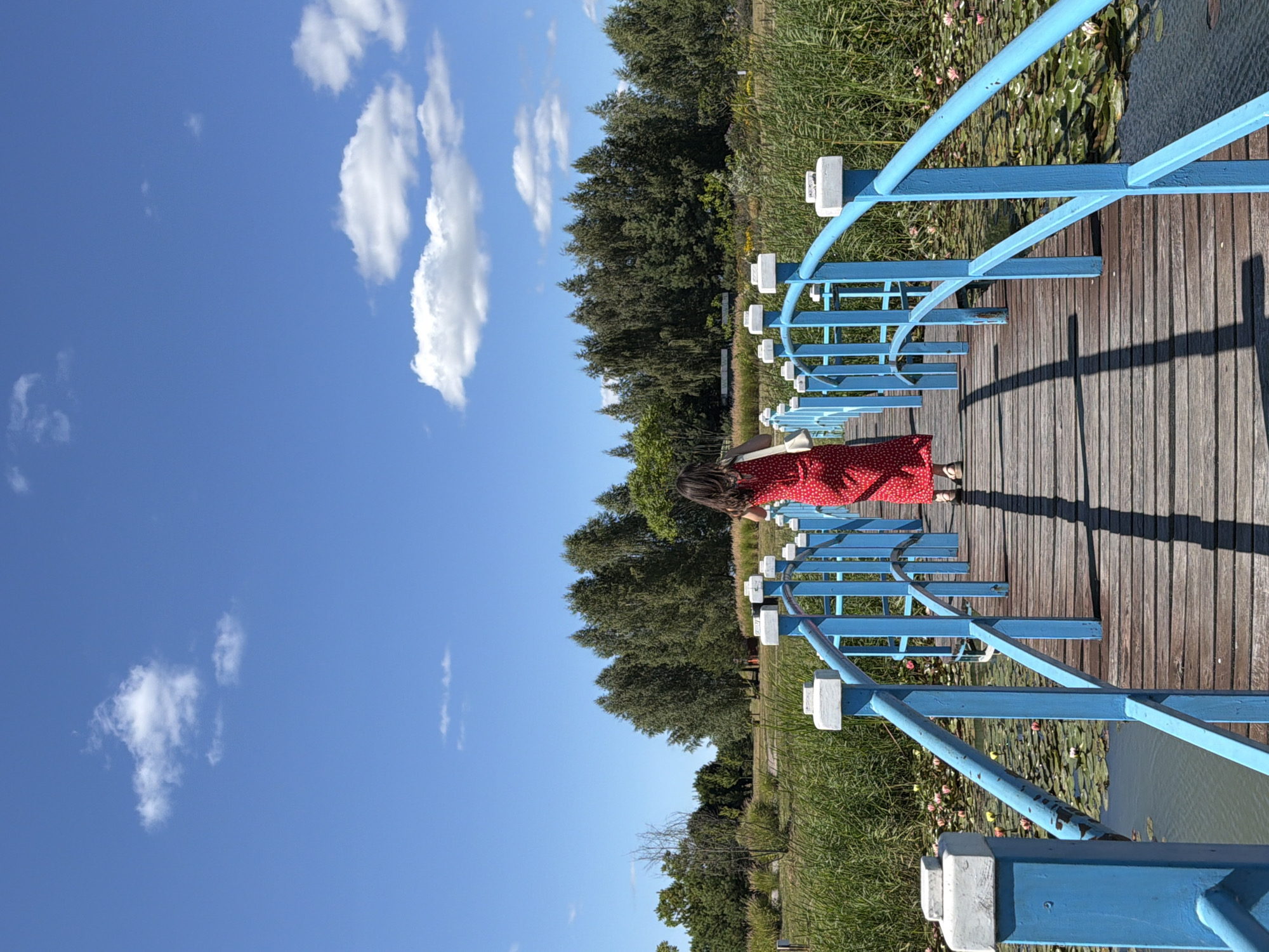 A woman in a red polka dot dress walks away from the camera on a wooden bridge with blue railings. She carries a white bag over her shoulder. The bridge spans over a body of water covered in lily pads, with pink and white blossoms visible. Tall green reeds line the water's edge. In the background, a dense line of trees forms the horizon under a bright blue sky with scattered white clouds. The location is Severynivka, Ukraine.