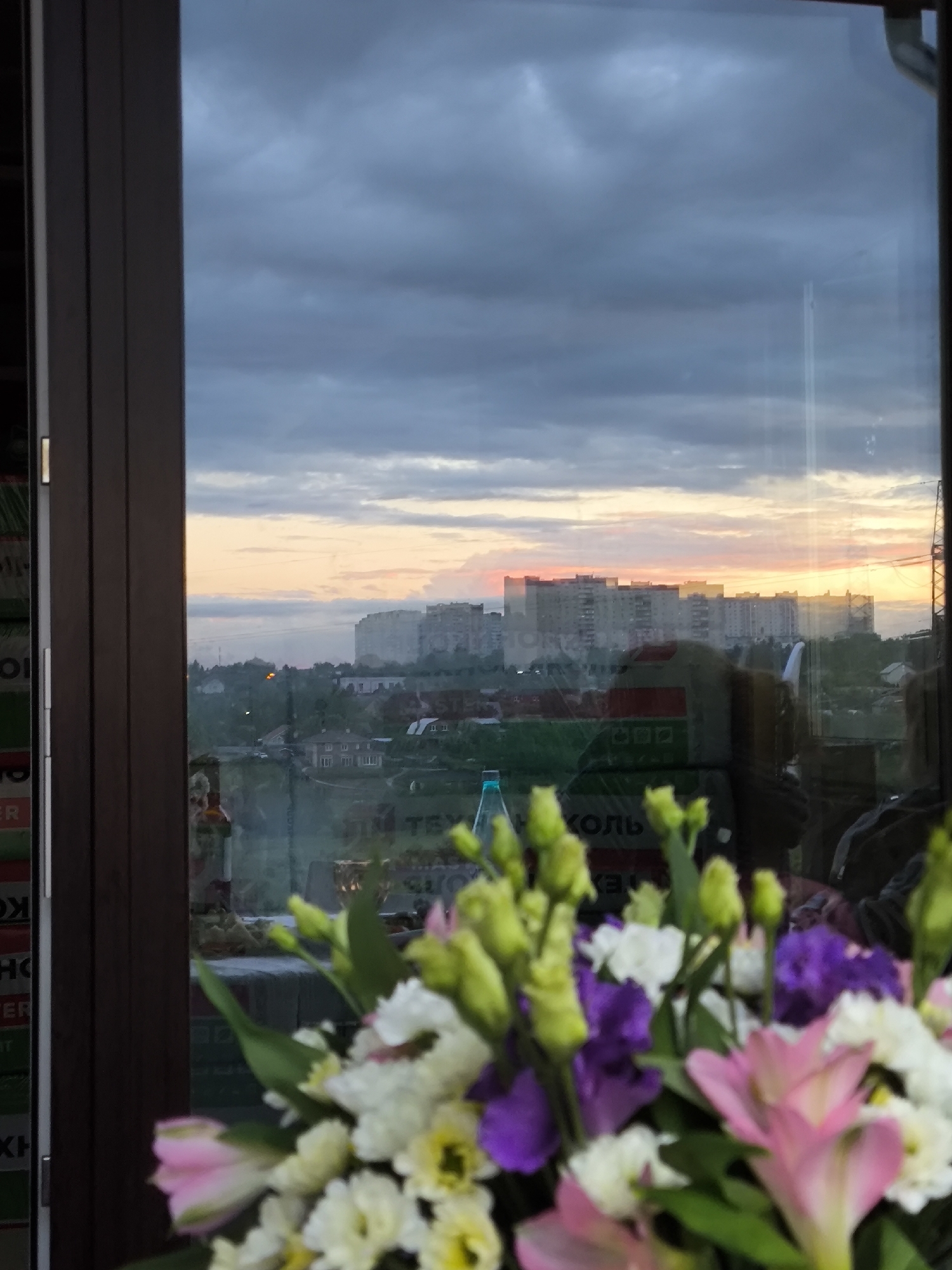 The image shows a view through a window with a bouquet of flowers in the foreground. The window frame is dark brown. Through the window, there is a cityscape at sunset. The sky is filled with dark, cloudy formations. Buildings can be seen in the distance with a warm, orange light reflecting off them. In front of the cityscape, there is a view of a residential area with houses and greenery. In the window's reflection, one can see the interior of the room, including what appears to be food and drinks on a table. The bouquet in the foreground contains a mix of white, purple, yellow, and pink flowers, along with green leaves.