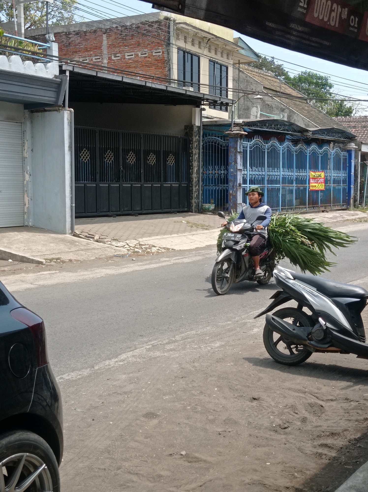 A man wearing a green hat, a gray long-sleeved shirt, and dark shorts rides a black motorcycle on a paved street. He is carrying a large bundle of green foliage, which extends out from the back of the motorcycle. The motorcycle has a license plate that reads "N 5838 AU". In the foreground, the rear of a black car is visible, and the rear tire of a parked white motorcycle is in the lower right corner of the image. Behind the rider, there is a building with a blue metal fence and a yellow sign with red writing. The background shows more buildings, trees, and power lines. The scene appears to be in Bringin, Indonesia.