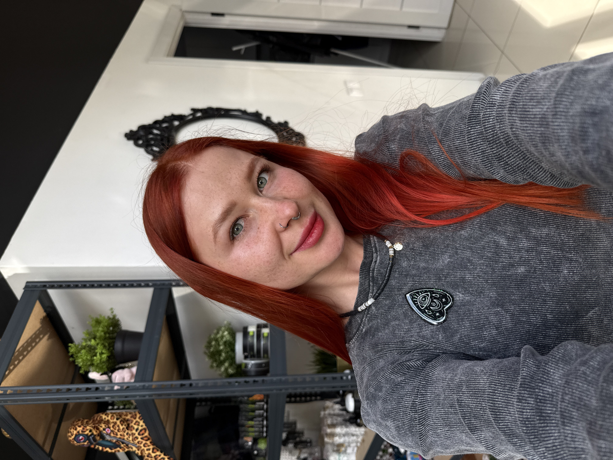 A selfie of a fair-skinned woman with bright red hair and freckles, wearing a gray corduroy shirt with a decorative pin, is the focal point of the image. The background is a room with white walls and a black decorative frame on the wall. To the left of the woman is a black metal shelf unit holding small potted plants, jars and miscellaneous items. A portion of a faux leopard is visible at the bottom left of the shelf. Light enters the room from the top right corner of the frame, casting shadows and reflections. No specific details indicate the location is Rostov-on-Don, Russia.