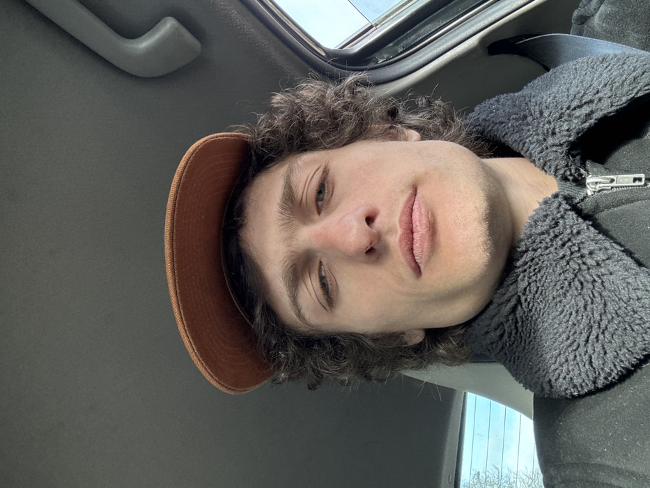 A male individual is depicted in a close-up, head-and-shoulders, selfie-style photograph taken inside a vehicle. The subject, a male with fair skin and dark, curly hair, wears an orange baseball cap and a dark jacket featuring a prominent black textured collar and a silver zipper. His eyes are directed towards the camera, maintaining a neutral expression with closed lips. A seatbelt diagonally crosses his right shoulder and chest. The interior of the vehicle is visible, including a light-colored headliner, a grey plastic grab handle on the upper right, and a light-colored seat behind him. Blurred outdoor light and faint environmental details are visible through the vehicle's windows on both sides. The scene is located within a vehicle in the city of Fontenay-sous-Bois, France.