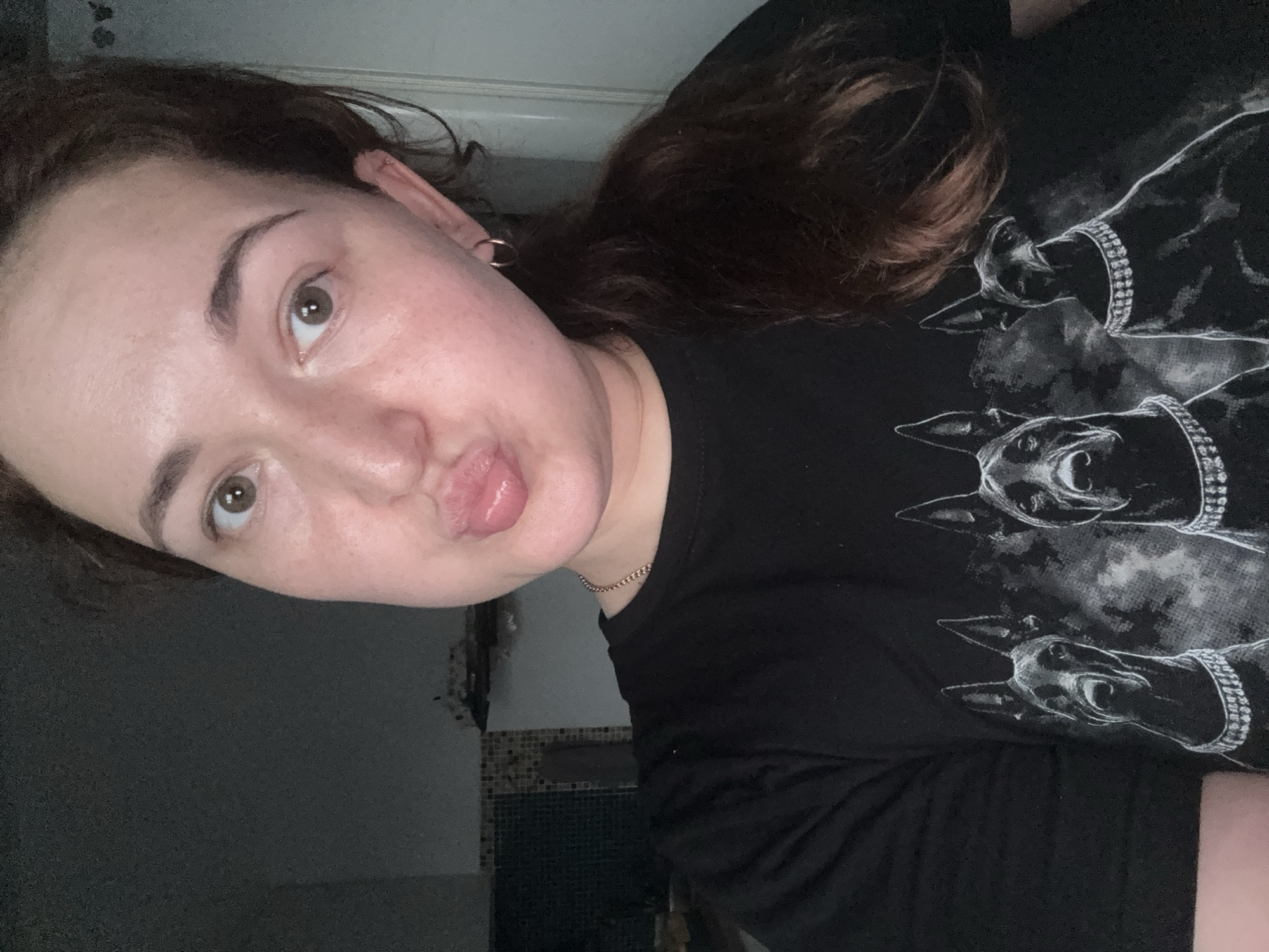 A selfie features a woman with dark hair pulled back, her face tilted slightly to the side with her lips pursed. She is wearing a black t-shirt with a graphic print of three Doberman Pinschers, two with jeweled collars, across the chest. The background is dimly lit and appears to be an indoor setting with some tiling visible on the left wall and a doorway on the right. The image does not provide any information about the location in the city of Chelyabinsk, Russia.