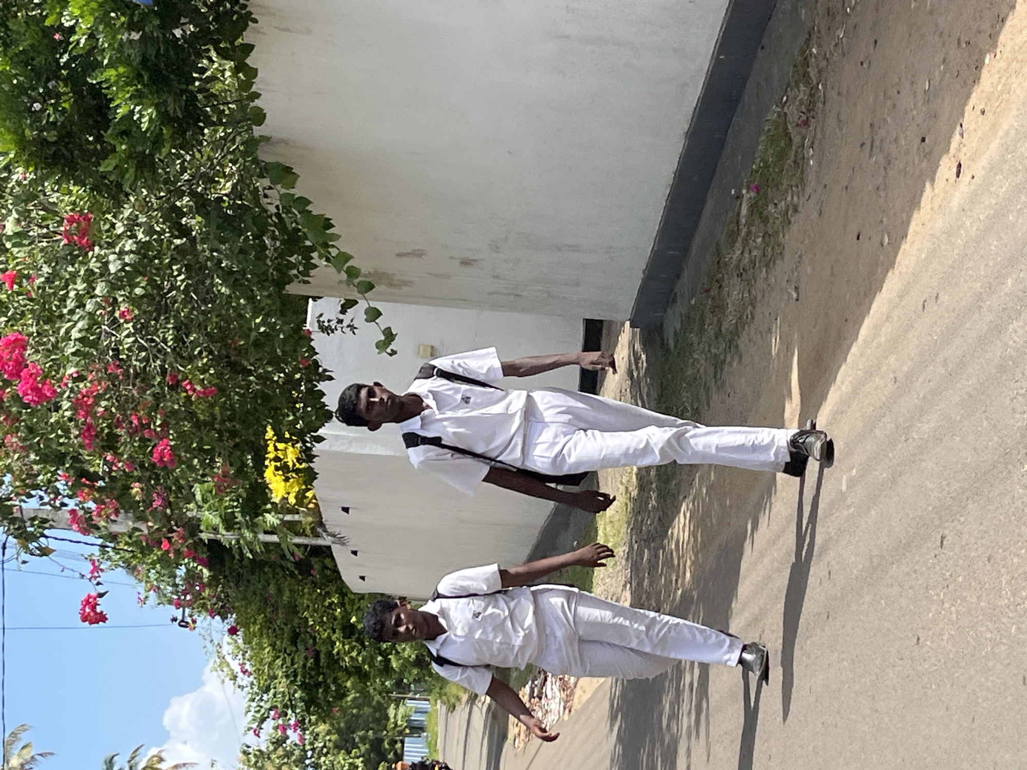 Two young males in white school uniforms and black backpacks walk on an asphalt road in Kabalana, Sri Lanka. They are walking in the same direction, side-by-side, with the male on the right slightly ahead of the male on the left. The male on the left is looking towards the camera, while the male on the right is looking forward. A white concrete wall runs along the right side of the road, bordered by a strip of grass. A dense green tree with pink and yellow flowers is situated behind the wall, overhanging the road. Palm trees are visible in the background on the left, along with a bright blue sky. The scene is illuminated by bright sunlight, casting shadows on the road.