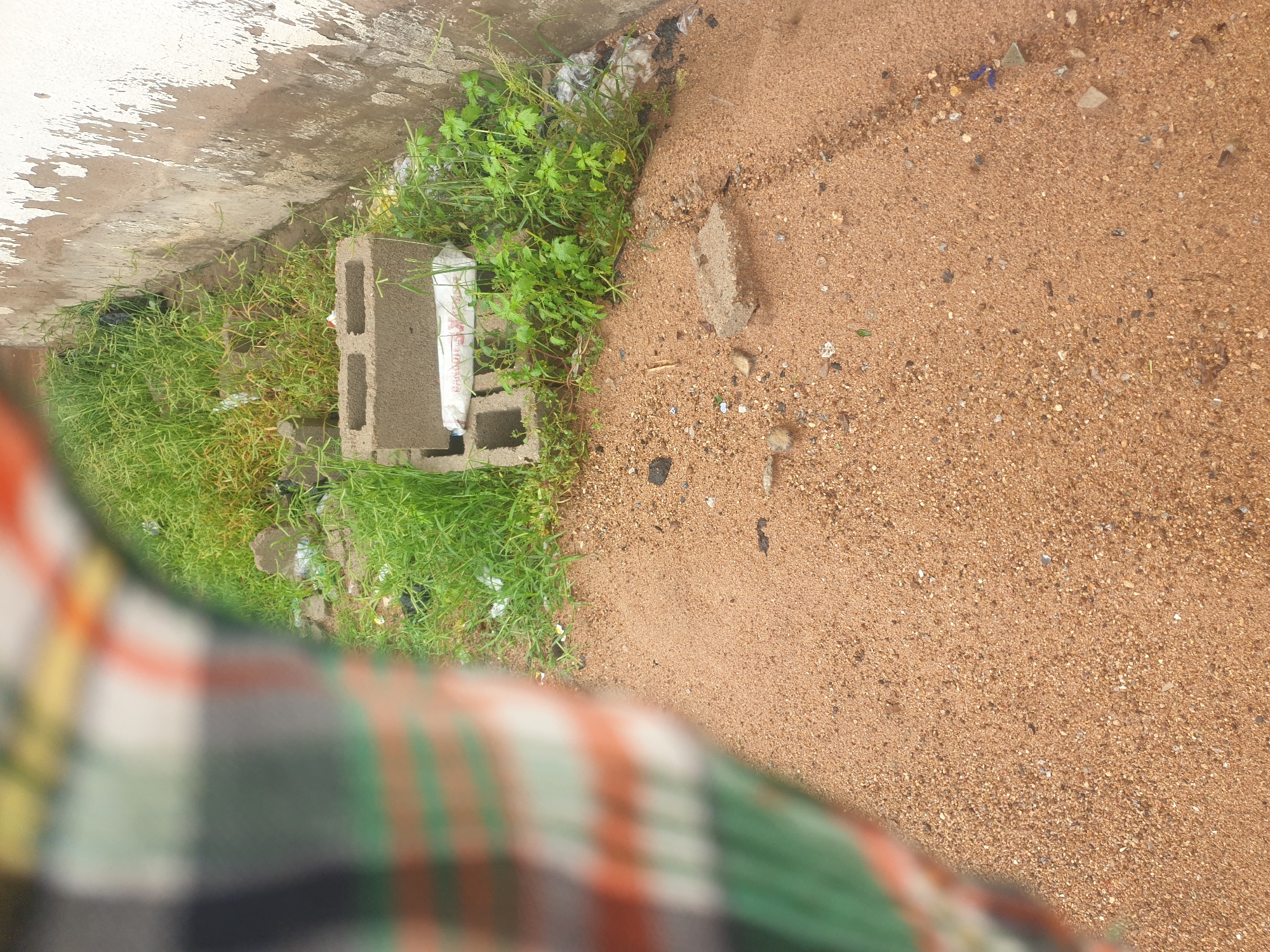 The image depicts an outdoor scene with sand and overgrown grass adjacent to a weathered wall. In the foreground, loose sand with scattered pebbles and small debris covers the ground. Towards the mid-ground, a stack of grey concrete blocks is visible, with one block lying horizontally and another vertically on top. A white, rectangular object with some text, possibly a package, is tucked into the hollow of the horizontal block. Lush green grass grows around the blocks and extends towards the wall. The wall itself is textured and shows signs of peeling paint and discolored patches. The scene appears to be an outdoor area, possibly in a less maintained part of a city or town.