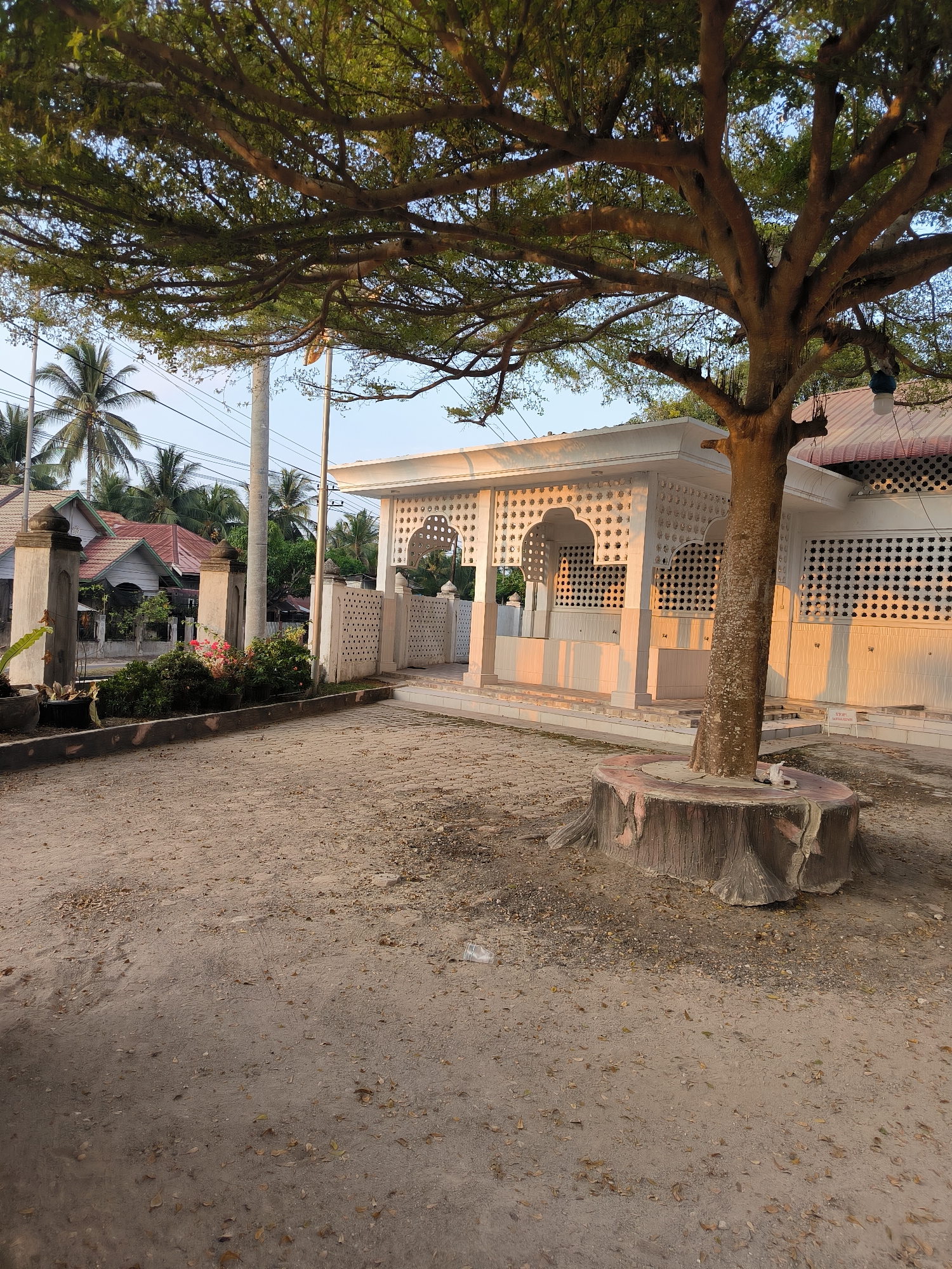 In Lhokseumawe, Indonesia, a tree with a thick trunk and widespread branches with green leaves stands in the foreground. The tree is situated on a ground made of sand and scattered leaves, with a decorative, concrete tree stump base. Behind the tree, to the right, is a white building with a patterned facade, featuring arched openings and decorative perforated walls. The building is illuminated by the warm glow of the sun, suggesting it is either sunrise or sunset. To the left of the building, a pathway leads through a white gate with similar patterned walls and arches. In the background, palm trees and residential houses with red roofs are visible under a clear blue sky. The scene depicts a tranquil outdoor area, possibly part of a public space or a residential compound.