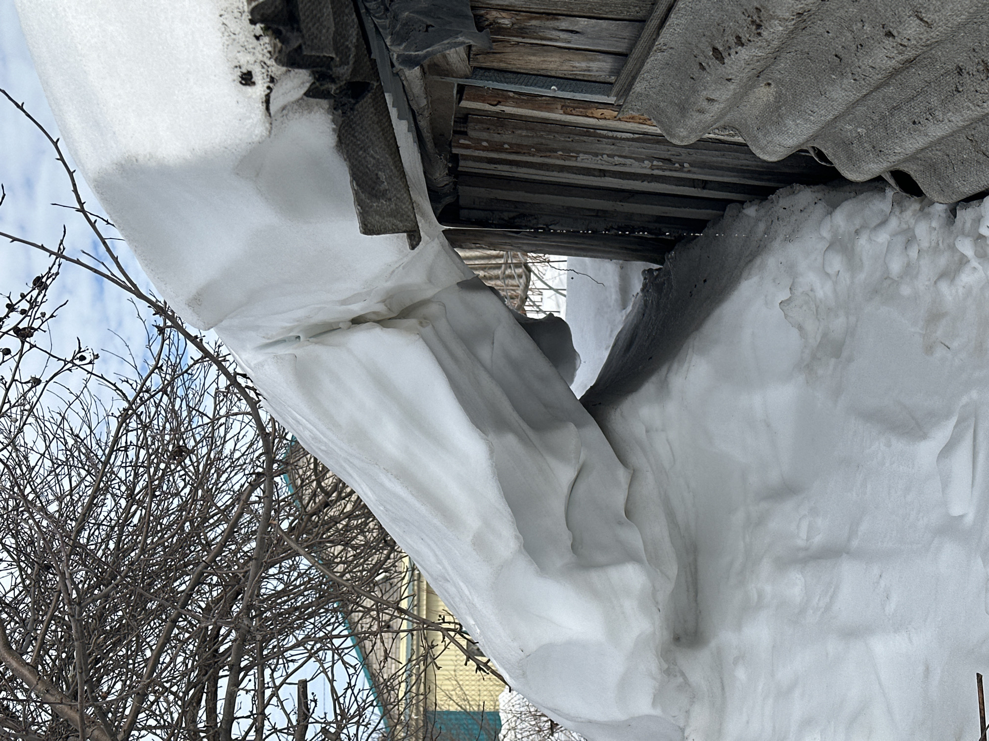 This image depicts a winter scene in Aktanysh, Russia, focusing on a significant snow accumulation and its interaction with an old outbuilding. In the foreground to the right, a structure with a wooden plank wall supports a roof constructed from corrugated grey sheets, likely asbestos cement. A large, approximately 1.5 to 2-meter long, thick mass of snow extends from the edge of this roof, creating a prominent overhang that slopes downwards and partially rests on a snow-covered ground. Water is actively dripping from the underside of this snow mass and the roof's edge, forming visible drips and a thin icicle, indicating a thaw. The ground adjacent to the wooden structure and beneath the snow overhang is blanketed in textured snow, showing depressions from falling snow or melt patterns. In the upper left background, a bare deciduous tree with numerous intricate branches is silhouetted against a sky with scattered white clouds. Further in the background, to the left of the large snow mass, a light yellow building with a contrasting dark-colored roof and visible blue-green trim is partially visible. No people or animals are present.