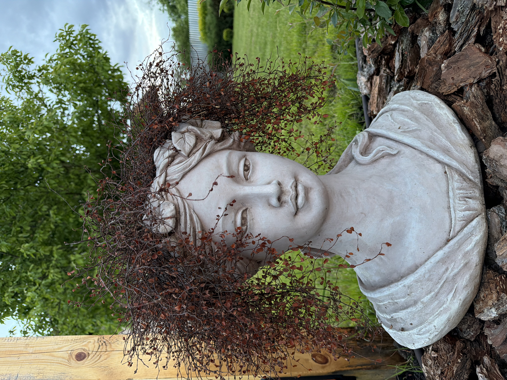 The image shows a white stone bust of a woman with dried brown branches and leaves arranged around her head like a crown. The bust is positioned in a garden setting with green grass and trees in the background. To the right of the bust, there is a pile of bark pieces. A wooden structure is visible to the left. The photograph appears to be taken outdoors under natural light. The city is Unknown, Unknown.