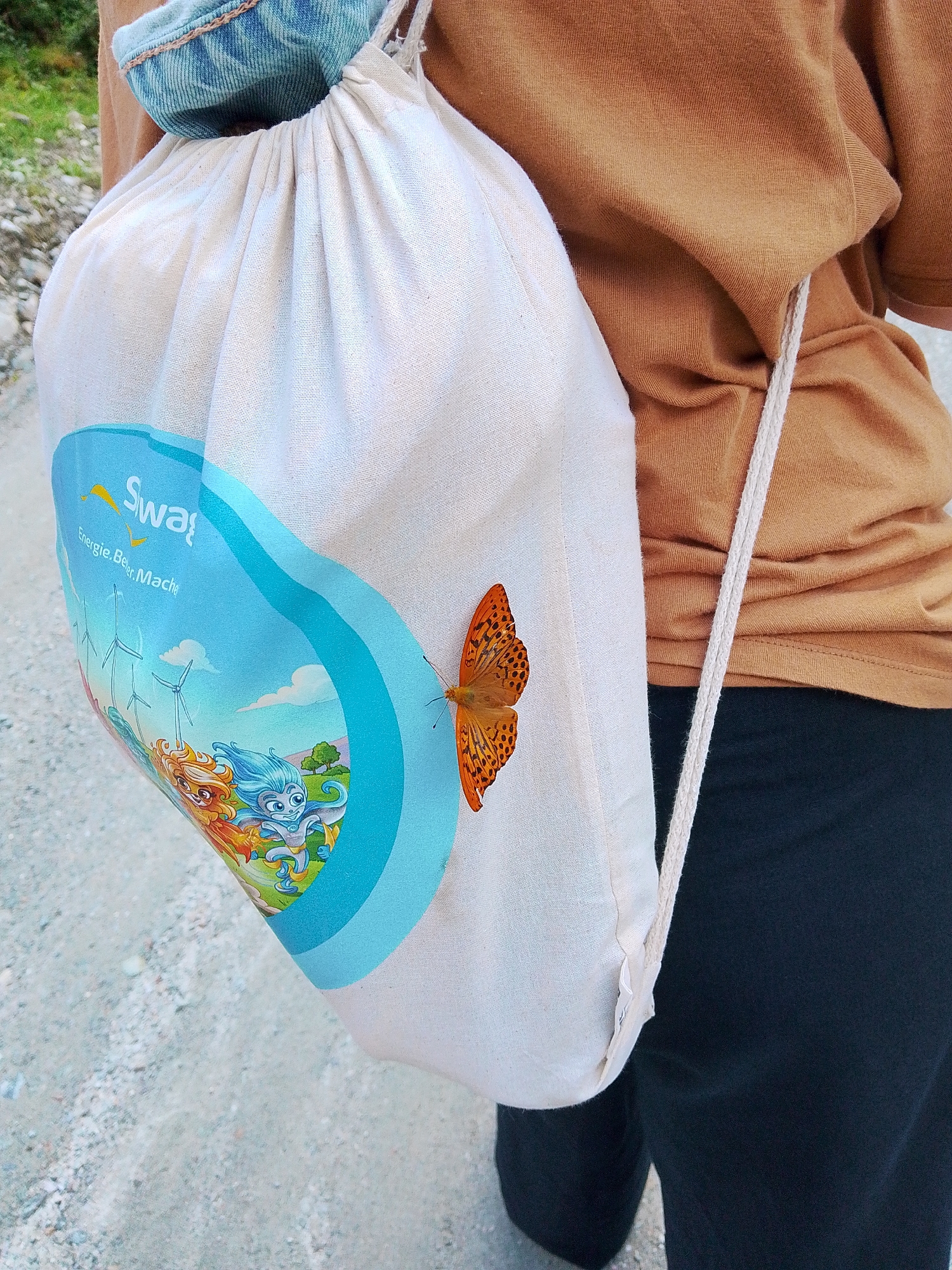 A close-up, outdoor, eye-level shot shows a person wearing a tan shirt and black pants, carrying a canvas drawstring backpack. The backpack is cream-colored and features a circular blue logo with cartoon characters and the text "Swag!" and "Energie.Bei.Mache". A butterfly with orange and black wings is perched on the side of the backpack. The background consists of a light-colored, gravelly path and some greenery. The scene appears to be in a natural setting, potentially near a hiking trail. While the specific location within Bramberg am Wildkogel, Austria, is not visually discernible, the overall environment suggests a mountainous or rural area.