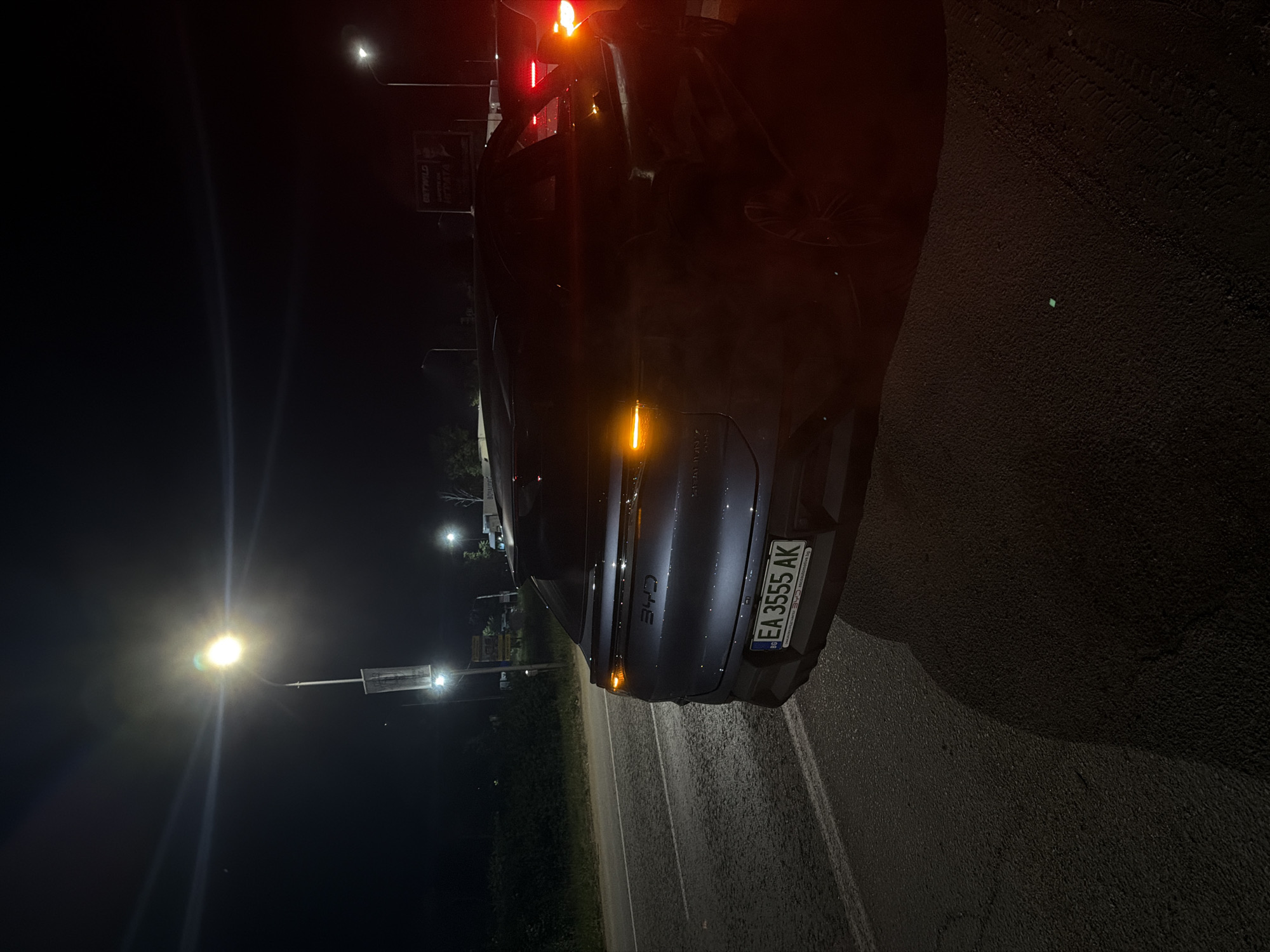 The image depicts a nighttime scene in what appears to be an urban or semi-urban setting, identified as Bozhichen, Bulgaria, based on provided context. The primary subject is the rear of a dark-colored BYD electric vehicle, prominently displaying "340" and "BYD" badging on its tailgate. The vehicle is equipped with a Bulgarian license plate, "EA 3555 AK," and the license plate frame indicates "www.bydauto.bg BYD escasautomotive.bg." The right amber turn signal of the BYD vehicle is illuminated, along with its standard taillights.
The vehicle is positioned on the right side of an asphalt road, which has a distinct white solid line marking its edge. The road surface appears to be dry. To the left of the road, a dense line of green vegetation, consisting of bushes and trees, is visible.
Multiple streetlights provide illumination for the scene. A prominent and bright street lamp on a tall pole stands on the left side of the road, generating a significant light flare across the upper portion of the image. In the middle-right background, a billboard featuring Cyrillic text, including "BETWILD," and an image of a man, is partially discernible. Further to the right, the red taillights of another vehicle are visible, suggesting the presence of additional traffic or parked cars. No individuals are visible within the frame.
