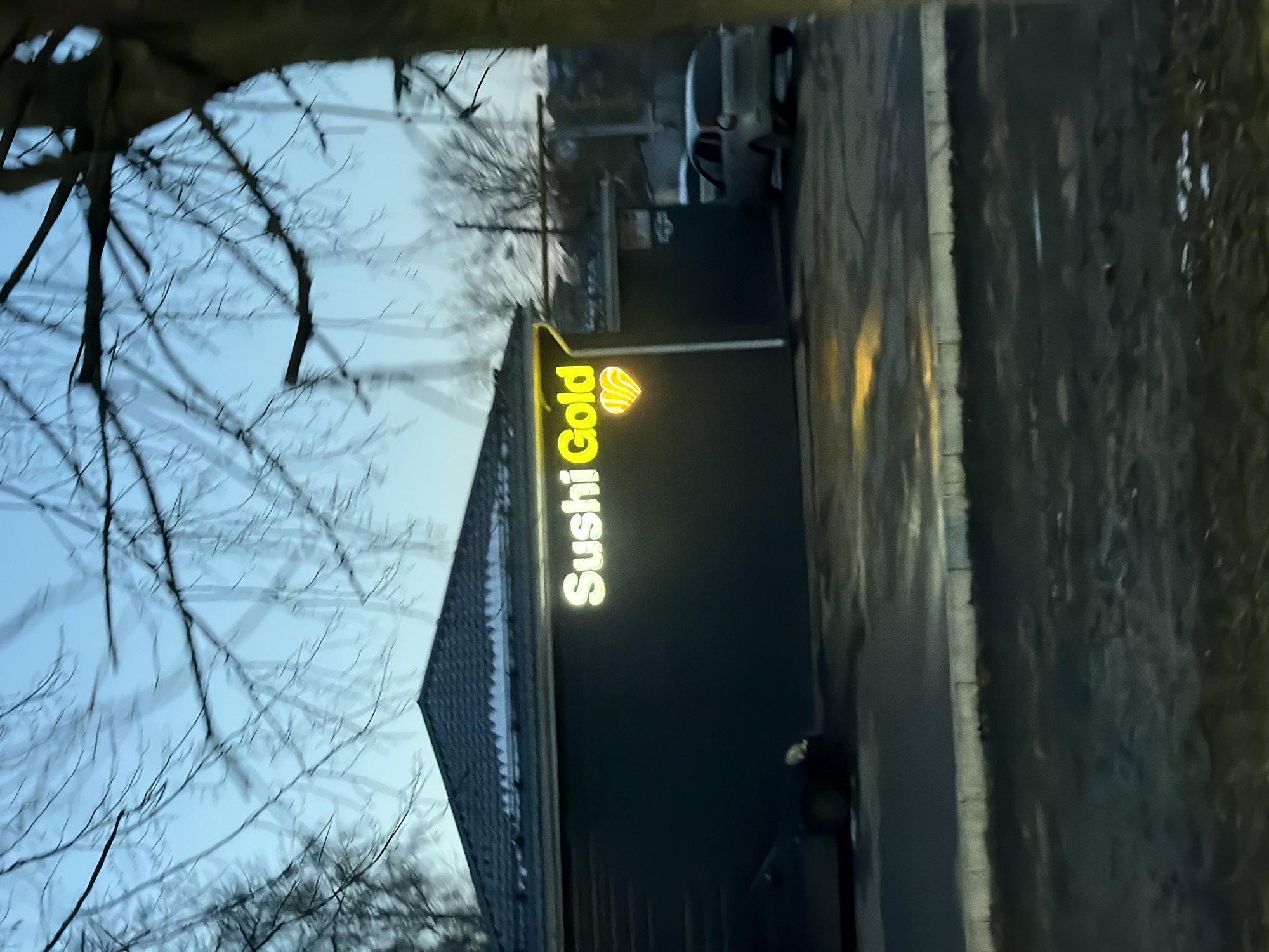 The image shows a sideways view of a "Sushi Gold" restaurant, as indicated by the illuminated sign. The restaurant appears to be located along a street with a sidewalk, and parked cars are visible nearby. Bare branches of a tree are visible in the foreground. The city of Sarapul, Russia, is referenced but not explicitly shown in the image.