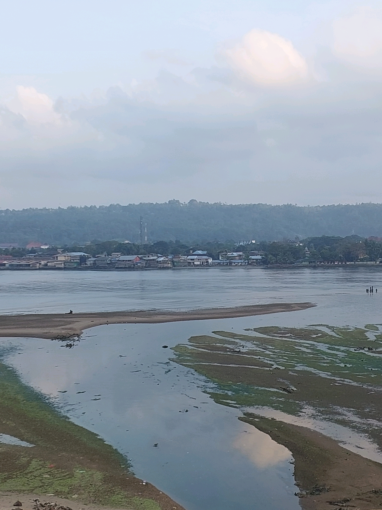The image depicts a tranquil scene in Ambon, Indonesia, likely during the morning or late afternoon given the soft light and muted colors. The foreground is dominated by a body of water, possibly a bay or estuary, with exposed sandbanks and patches of algae or seagrass visible due to the low tide. These exposed areas create intricate patterns against the calm water's surface, which reflects the sky.
In the middle ground, a small, sandy spit of land juts out into the water. On this spit, a solitary figure is seated, appearing to be observing the surroundings. Further across the water, the shore of Ambon city is lined with a collection of buildings. These appear to be a mix of residential houses and perhaps some commercial structures, built close to the water's edge, with some structures appearing to be on stilts. Behind these buildings, a lush, tree-covered hill rises, forming the backdrop of the city. The sky above is overcast with soft, diffused light, suggesting a cloudy or hazy day.
In the far right of the image, a few people are visible wading in the shallow water near the shore, their forms indistinct. The overall atmosphere is one of peaceful coexistence between the natural environment and the inhabited coastline.