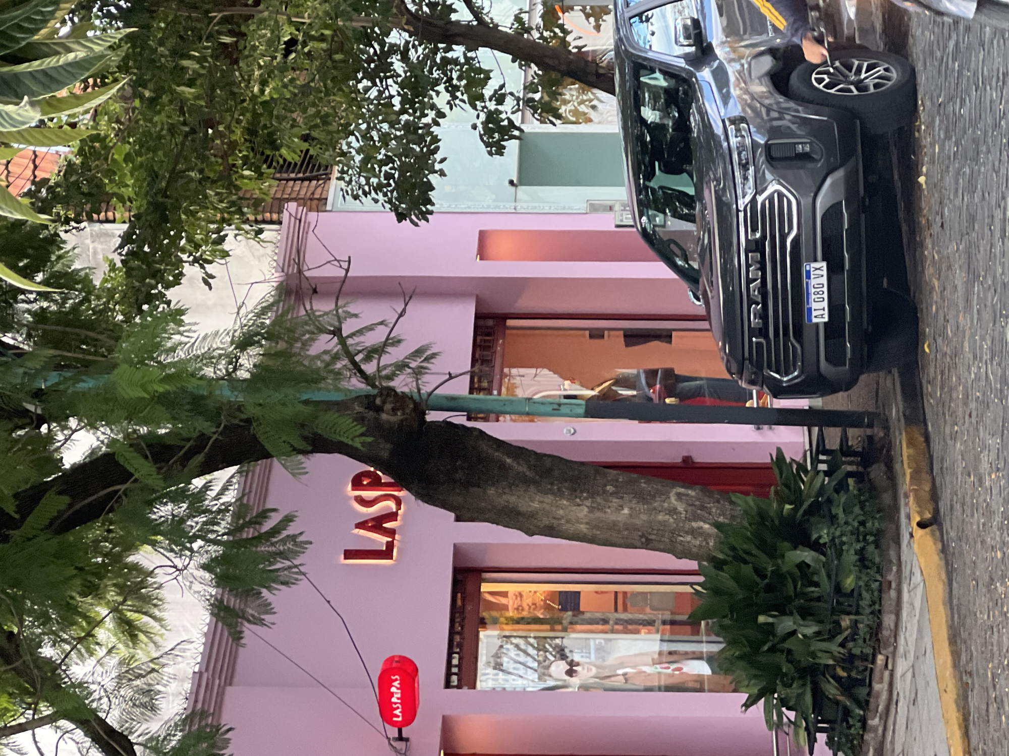 The image captures a street view in Buenos Aires, Argentina. A black RAM truck is parked on the right, partially obscuring a pink building with the sign "LAS PEPAS" illuminated in neon red. A tree trunk and foliage partially obstruct the view of the building. A red sign reading "LAS PEPAS" hangs vertically below the store sign. The license plate on the RAM truck reads "AI 080 VX". A pedestrian is visible near the front of the truck. The building appears to be a store or restaurant. The setting is urban, with a cobblestone street.