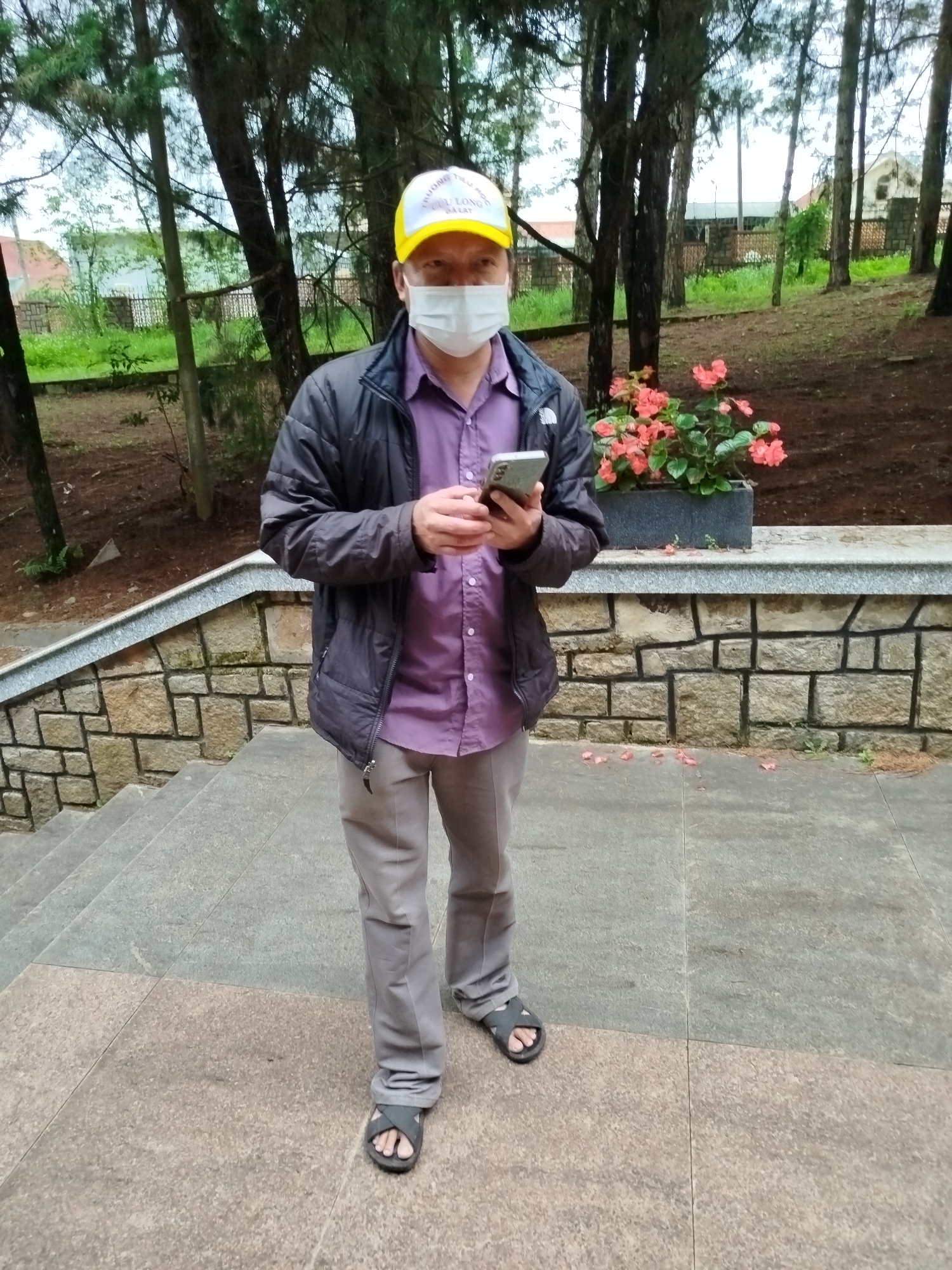 A man stands centrally on grey stone steps in an outdoor setting, likely a park or garden in Cam Ly - Đà Lạt, Vietnam. He wears a white face mask, a yellow and white baseball cap, a dark grey puffer jacket, a purple long-sleeved button-up shirt, light grey trousers, and dark grey sandals. He holds a dark-colored smartphone in both hands, appearing to be focused on its screen.
The baseball cap features faint Vietnamese text on its white front panel, with visible words including "TRƯỜNG", "CỘNG...", and "ĐÀ LẠT", possibly indicating a local institution or college such as "TRƯỜNG CAO ĐẲNG CỘNG ĐỒNG ĐÀ LẠT".
The background is dominated by numerous tall, thin-trunked trees, characteristic of a pine forest or a heavily landscaped area. To the man's right, a stone wall with a grey cap supports a rectangular planter filled with vibrant orange-red flowers, possibly begonias. Some fallen petals are scattered on the ground nearby. Beyond the trees, parts of buildings and fences are faintly visible. The lighting is soft and diffused, suggesting an overcast daytime sky. The scene captures a casual moment of a person engaged with their phone amidst a tranquil, green environment with steps and stone structures.