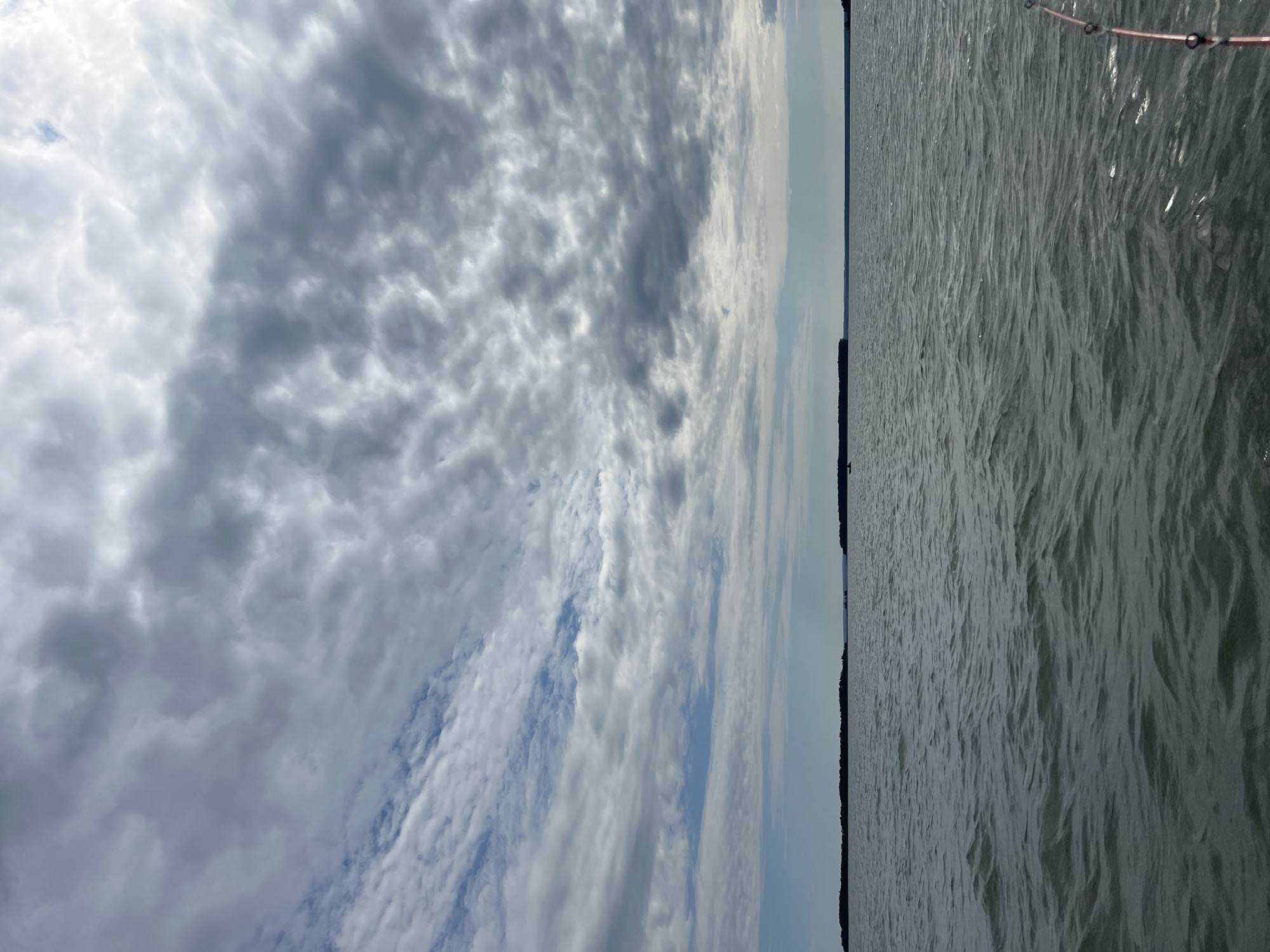 The image depicts a body of water, likely a lake or reservoir, under a cloudy sky. The water's surface is rippled, indicating a gentle breeze. In the distance, a dark, tree-lined horizon suggests land, possibly a coastline or an island. The sky is filled with a mix of dark and light gray clouds, with patches of blue sky visible in some areas, hinting at diffused sunlight. In the foreground, on the right side of the image, a portion of a pink fishing rod is visible, with its guides and tip-end protruding into the frame. The overall impression is one of a serene, possibly overcast day on the water. The location is identified as Novopichugovo, Russia.