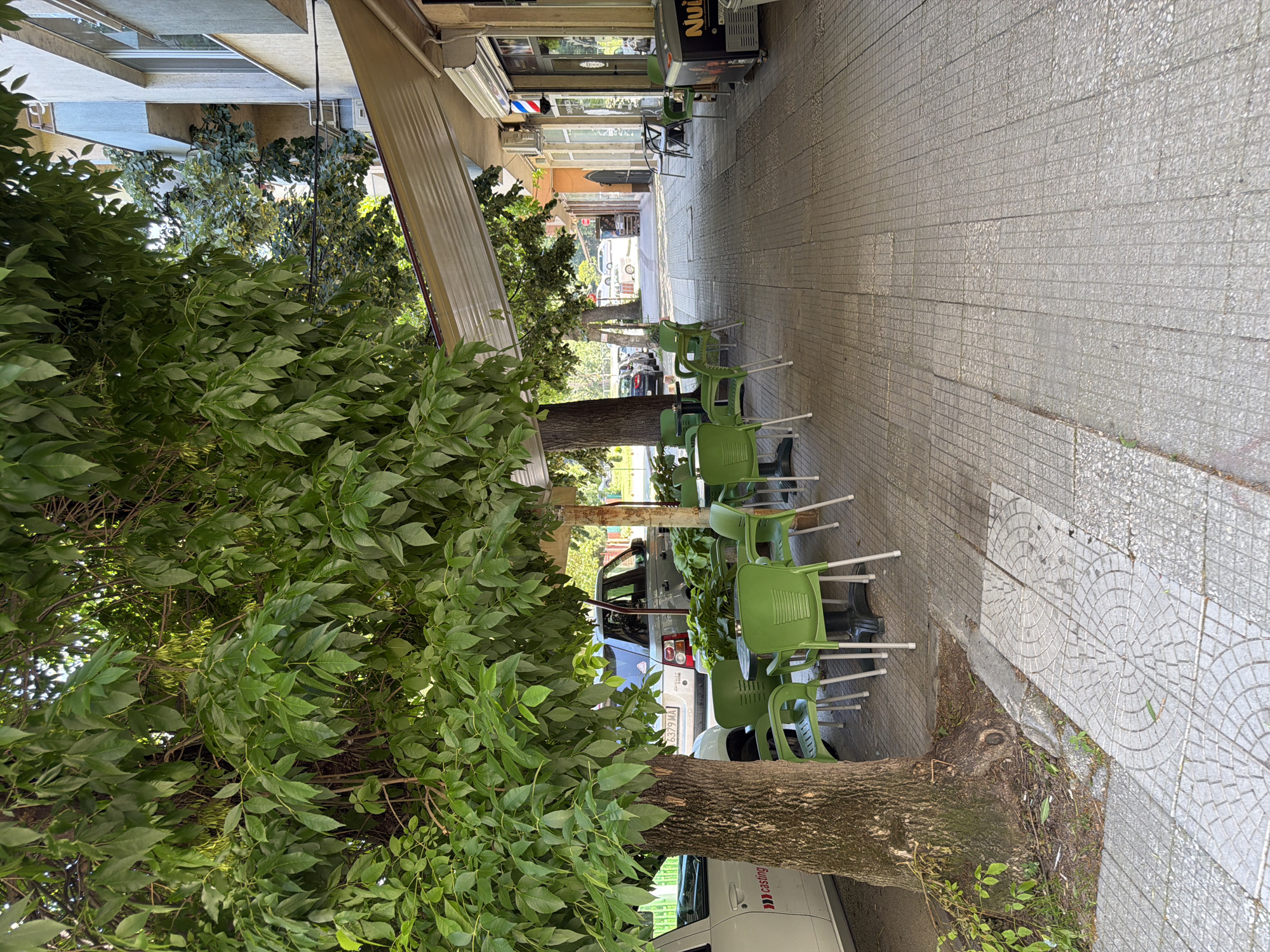 The image depicts an outdoor seating area of a business establishment located on a sidewalk in Pazardzhik, Bulgaria. A large tree with dense green foliage provides shade over some of the seating. The area is furnished with several green plastic chairs and black-topped tables. To the left, a white vehicle is partially visible, with the word "casting" in red lettering on its side. Further down the sidewalk, a light-colored SUV with license plate "6379 MA" is parked.
Adjacent to the seating area is the exterior of a building, featuring an awning and shopfronts. One shop has a barber pole symbol visible outside its entrance. Another shop has a refrigerator unit with "Nui" branding displayed. The sidewalk is paved with square grey tiles, some of which appear worn or have circular decorative patterns. In the background, a street is visible with parked cars and other buildings lining it. The overall scene suggests a quiet, daytime setting in an urban environment.
