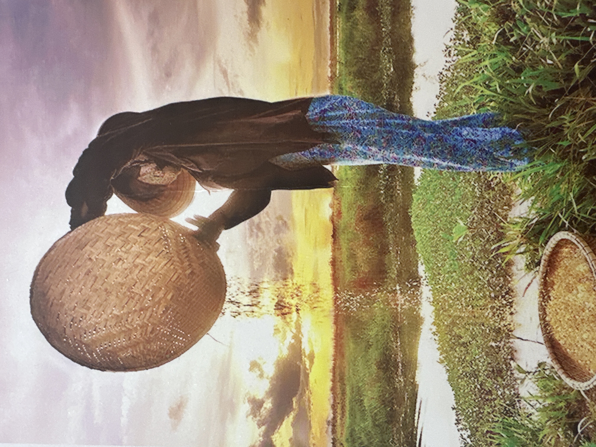 A person wearing a conical hat and a dark jacket over a blue, patterned garment stands in a grassy field at sunset. They are holding a large, woven basket above their head, from which grains are being poured. A smaller woven basket filled with grain sits on the ground in the foreground. The background features a body of water, a grassy embankment, and a sky illuminated by a vibrant sunset with dramatic clouds. The scene evokes a sense of rural life and agricultural work in Vietnam. The exact location within Xóm Khán, Vietnam, is not discernible from the image.
