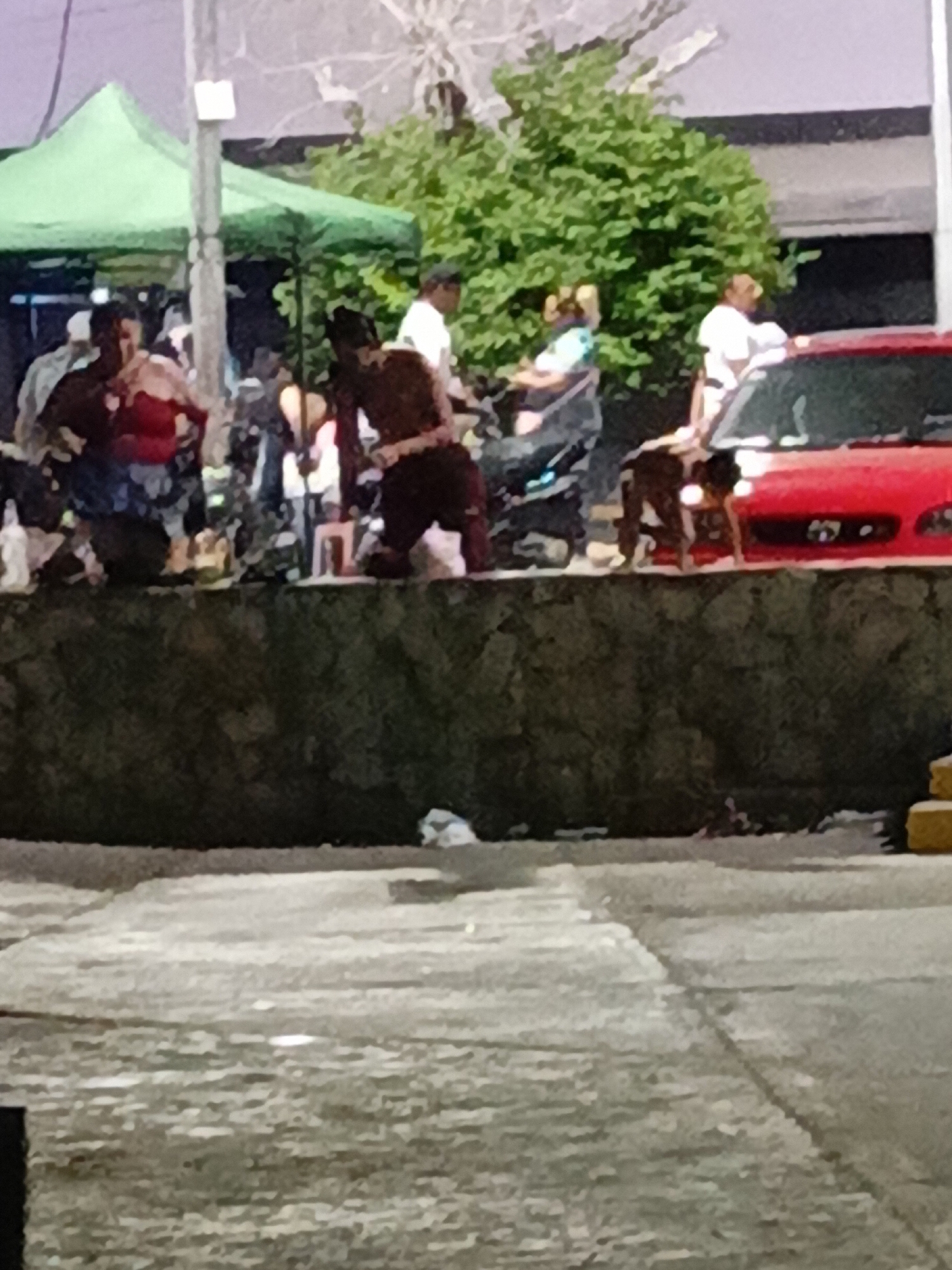The image depicts a bustling scene on a waterfront in Juan Griego, Venezuela. A green tent is visible on the left, with several people gathered underneath and around it. Further right, a man with dark hair is kneeling. To his right, another individual is bent over at the waist. A red car is parked nearby. A stone wall separates the crowd from the foreground, which consists of a paved area. A piece of white trash is on the ground.