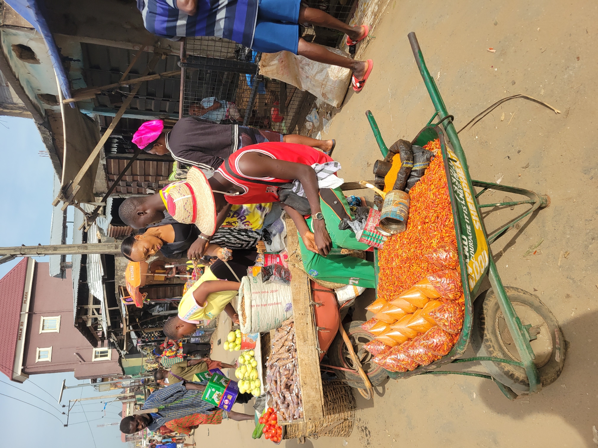 This image captures a vibrant outdoor market scene in Onitsha, Nigeria, bustling with activity under a bright, sunny sky. The ground appears dusty, characteristic of such environments.
Numerous people are visible, engaged in buying and selling. In the foreground and central focus, a person wearing a red jersey and a straw hat bends over a green wheelbarrow overflowing with goods. The wheelbarrow is prominently filled with a large quantity of bright orange/red chili peppers, both loose and pre-packaged in clear plastic bags, alongside sacks containing what appear to be grains or spices. Visible text on the wheelbarrow includes "COURAGE IT IS KMAT" and "SHERPHARD" (likely "SHEPHERD").
Other individuals include a woman in a pink headwrap and a woman in a black top observing the wares. A child in a yellow top is also looking at the market items. To the left, a wooden stall displays various fresh produce, including yellow plantains or bananas, tomatoes, and cucumbers, along with dried fish or meat. One large white sack at this stall has "mak oma 203P" and "Imeputa aku na ut" printed on it. Further in the background, more market stalls and people are visible.
A prominent brown building to the left features the text "PSALM 23 PLAZA." Utility poles and overhead wires crisscross the sky, adding to the urban market atmosphere. The scene depicts a lively commercial exchange, typical of a busy market day.