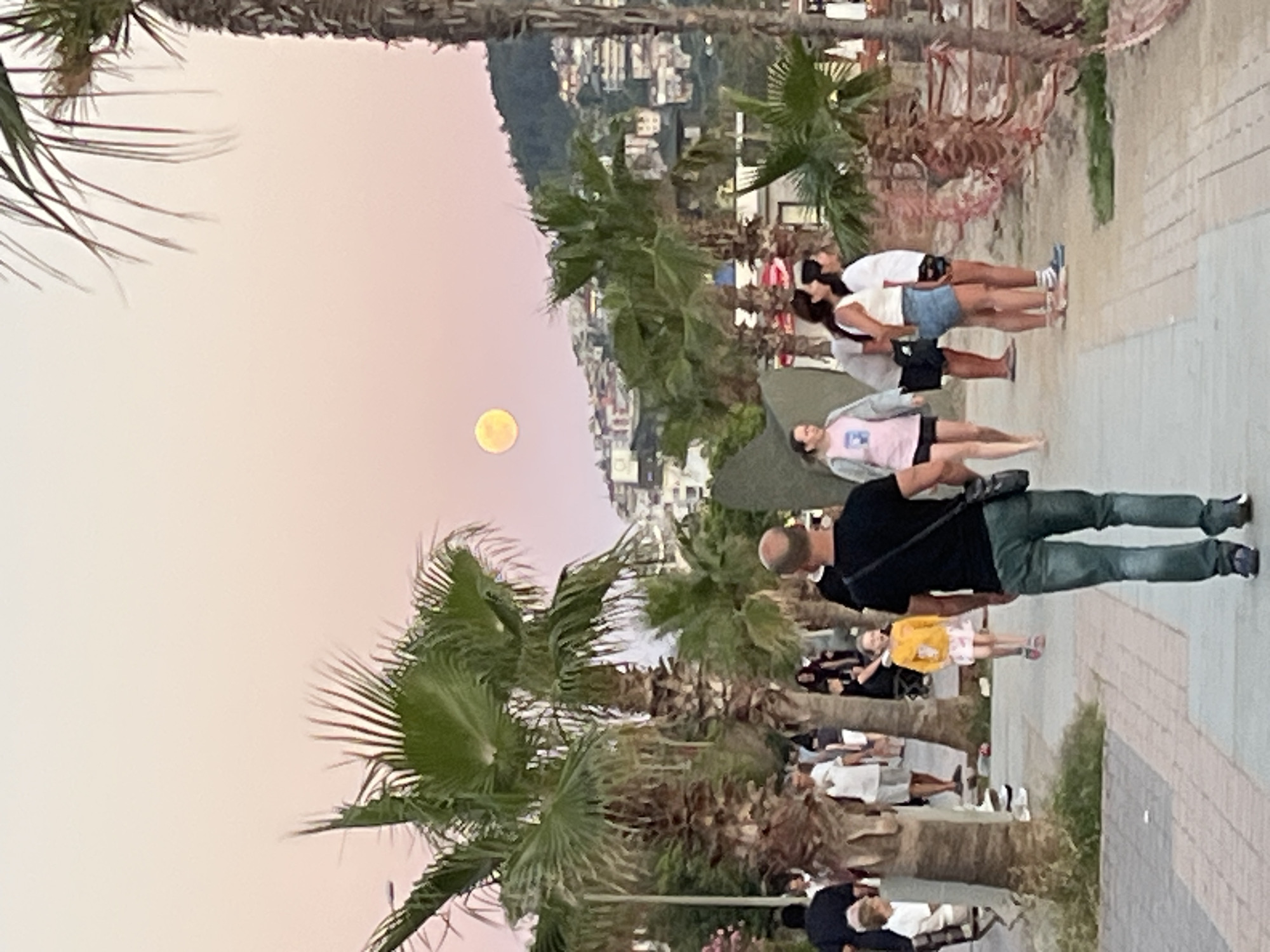 The image shows a street scene in Alanya, Turkey, at twilight. A full moon is visible in the sky above a cluster of palm trees. A hillside dotted with buildings forms the backdrop.
Several people are walking or standing along a paved pathway. From right to left, one man is seen in jeans and a black t-shirt, walking on the sidewalk with his back to the viewer. Further along the path is a child in a yellow jacket and light-colored shorts. Groups of people of various ages are scattered along the path beyond the child. A couple is standing near the edge of the path, looking toward the hillside and the moon. The image suggests a relaxed atmosphere, as people appear to be enjoying the evening.