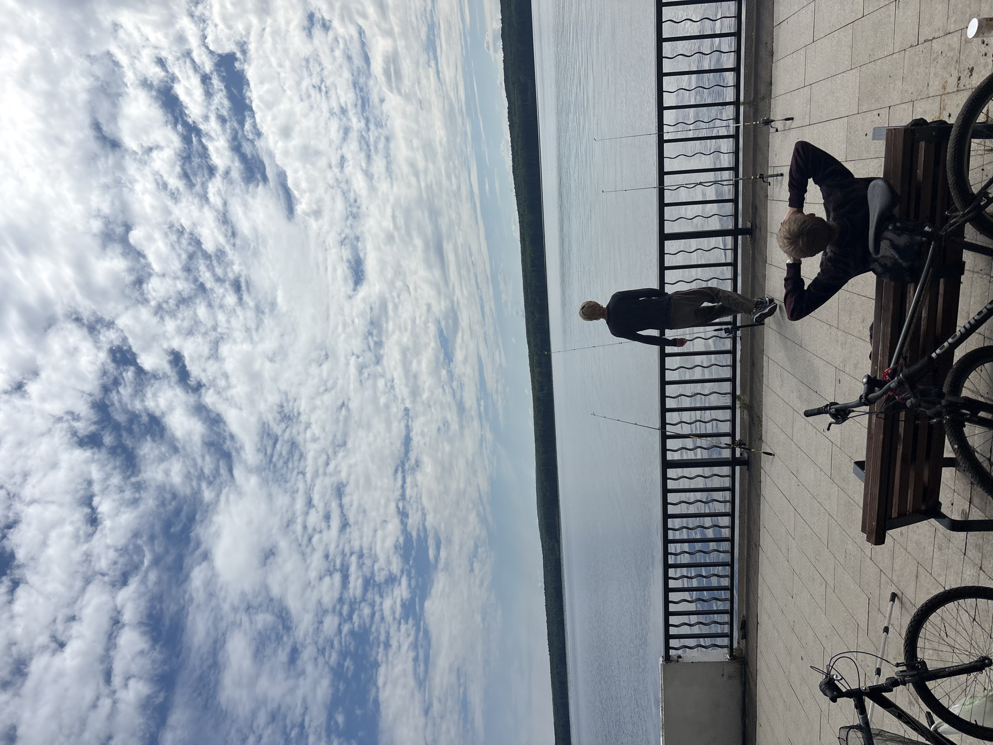 The image displays a waterfront scene in Chaikovsky, Russia, under a bright, partly cloudy sky. The sky occupies the upper half of the frame, featuring numerous white cumulus and stratocumulus clouds scattered across a clear blue expanse. A wide body of calm, blue-grey water stretches across the midground, bordered on the distant horizon by a dark green, dense treeline.
In the foreground, a paved promenade, constructed from light-toned square pavers, extends horizontally. A dark, decorative metal railing with a repeating wavy vertical bar design runs along the water's edge of the promenade, behind which a low concrete wall is visible.
Two individuals are present on the promenade. One person, with short, light-colored hair, stands with their back to the viewer, gazing out over the water from the railing. They are attired in a dark long-sleeved shirt and dark trousers. The second individual, also with short, light-colored hair, is seated on a dark wooden slatted bench in the foreground, facing away from the water. Their hands are clasped behind their head in a relaxed posture, and they wear a dark long-sleeved top.
Multiple fishing rods are visible; at least three are propped against the railing, extending over the water, indicating ongoing fishing activity. Two black bicycles are also on the promenade: one is partially visible in the far left foreground, and another is positioned adjacent to the bench where the second person is seated. The scene captures a moment of leisure and outdoor recreation.