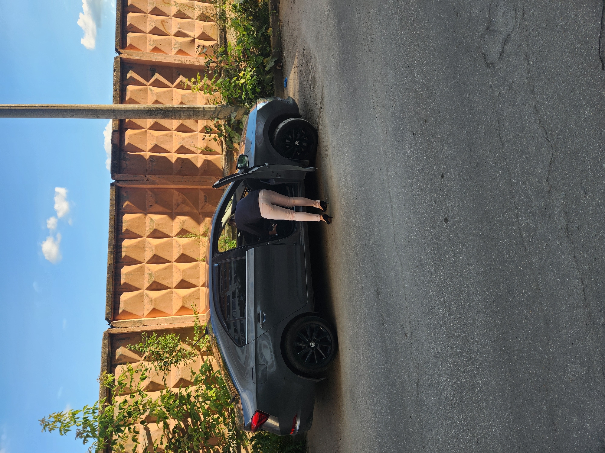 A person, viewed from the side and rear, is bending into the open driver's side door of a dark grey sedan parked on an asphalt street. The individual is wearing light-colored pants and black high-heeled shoes. The car has black rims and is parked in front of a concrete barrier wall with a diamond-shaped pattern, characteristic of Soviet-era construction often found in industrial or utility areas, such as those around Vniissok, Russia. Green foliage grows in front of the barrier and along the side of the road. A concrete utility pole stands to the right of the car. The sky above is blue with scattered white clouds.