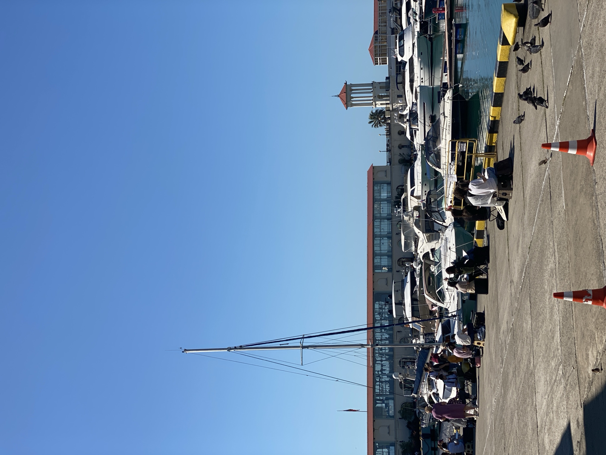 The image displays a bustling marina or port in Sochi, Russia, captured on a clear, bright day under a vivid blue sky. A wide concrete pier extends from the foreground, lined with numerous white yachts and boats docked alongside. The tranquil water reflects the vessels and the surrounding structures.
Several people are visible on the pier. In the mid-ground, a person in a white shirt is seated on a chair, facing the water, with other individuals gathered nearby. Further along the pier, a person wearing a purple shirt is walking, and more people are seen observing the boats. A group of pigeons is scattered across the concrete, particularly near the yellow and black striped bollards that line the pier's edge. Two orange and white traffic cones are also placed on the pier.
In the background, a row of multi-story buildings with prominent red roofs and large windows fronts the water. One distinctive architectural feature is a white, columned tower topped with a red dome, resembling a gazebo, standing amidst these buildings. A palm tree is also visible, enhancing the resort-like setting.
The bright sunlight suggests a time between mid-morning and late afternoon, casting clear shadows and illuminating the scene. The overall atmosphere appears calm and leisurely. On the hull of one of the docked boats, the registration number "10120288" is visible, followed by Russian characters, possibly "В.С.Л.М.И."