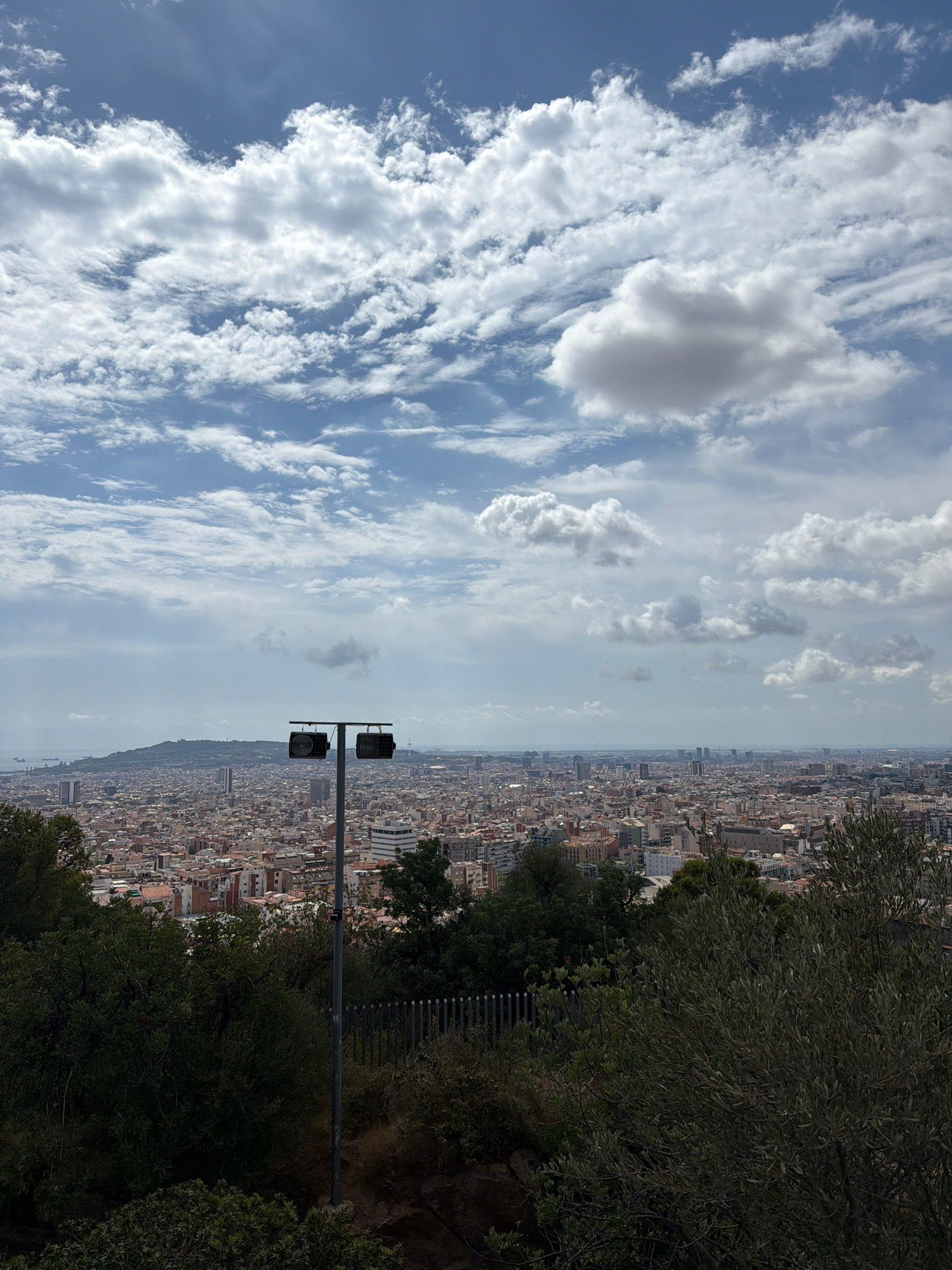 This image captures a panoramic view of the city of Barcelona, Spain, from an elevated vantage point. The foreground is dominated by lush green foliage, including trees and shrubs, suggesting a park or natural area overlooking the urban landscape. In the middle ground, a tall metal pole supports two spotlights, positioned centrally in the frame. Beyond this, the dense cityscape of Barcelona unfolds, a sprawling expanse of buildings with a variety of architectural styles, predominantly terracotta roofs and some modern high-rises. In the distance, a prominent hill with trees, likely Montjuïc, rises above the city, and the blue expanse of the sea is visible on the horizon. The sky above is a dramatic canvas of blue with scattered white clouds, some appearing dense and others wispy, indicating a partly cloudy day. No people are visible in the scene. The overall impression is one of a vast urban environment set against a natural backdrop and a dynamic sky.