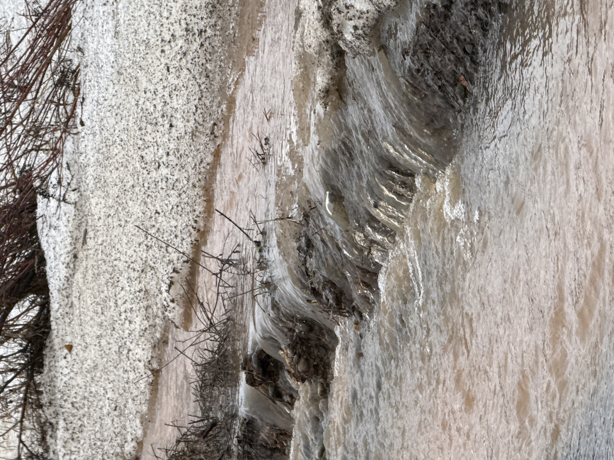 A close-up, landscape-oriented image depicts a bank of sediment or soil next to a body of water. The image is sideways. The sediment bank shows a textured surface with white and greyish tones, possibly due to minerals or deposition. Several small, dead, and bare branches are intertwined with the sediment. The water appears slightly turbid or muddy, with shades of light brown and grey, suggesting the presence of sediment. The water flows over the soil, creating small ripples or layers of sediment. This photograph was taken in Гремяча, Russia.