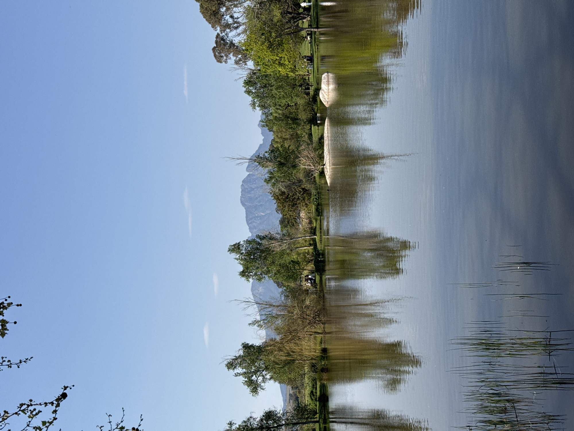 The image depicts a serene landscape scene, likely a park or a golf course, with a tranquil body of water in the foreground. The water's surface is calm, reflecting the surrounding trees and the clear blue sky. Several trees of varying heights and foliage are scattered along the bank of the water. In the background, a majestic mountain range is visible under a bright, cloudless sky, suggesting a location with natural beauty. There are a few indistinct figures present on the far bank, some appearing to be seated, and others standing. Two large, light-colored objects, possibly sculptures or natural rock formations, are partially submerged in the water. The overall impression is one of peace and natural splendor. Based on the provided context, this scene is located in the city of Stellenbosch Nu, South Africa.