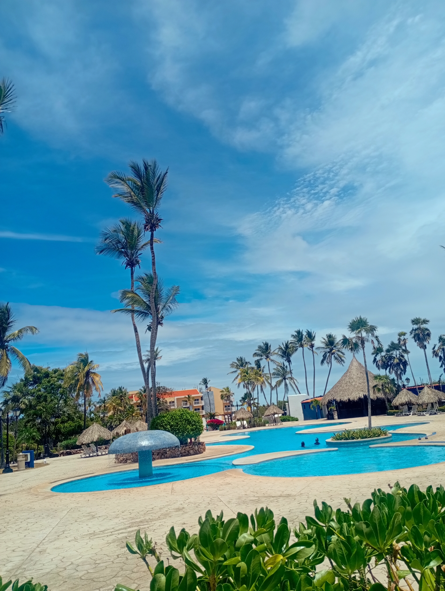 The image depicts a resort swimming pool in Playa El Agua, Venezuela. The pool is irregularly shaped and filled with blue water. Several palm trees surround the pool area, with some having thatched-roof structures nearby. There are people in the water, and a mushroom-shaped fountain is visible near one of the pool sections. The sky is blue with scattered clouds, indicating a sunny day. In the background, there is a building with orange and white exterior. Vegetation is present in the foreground.