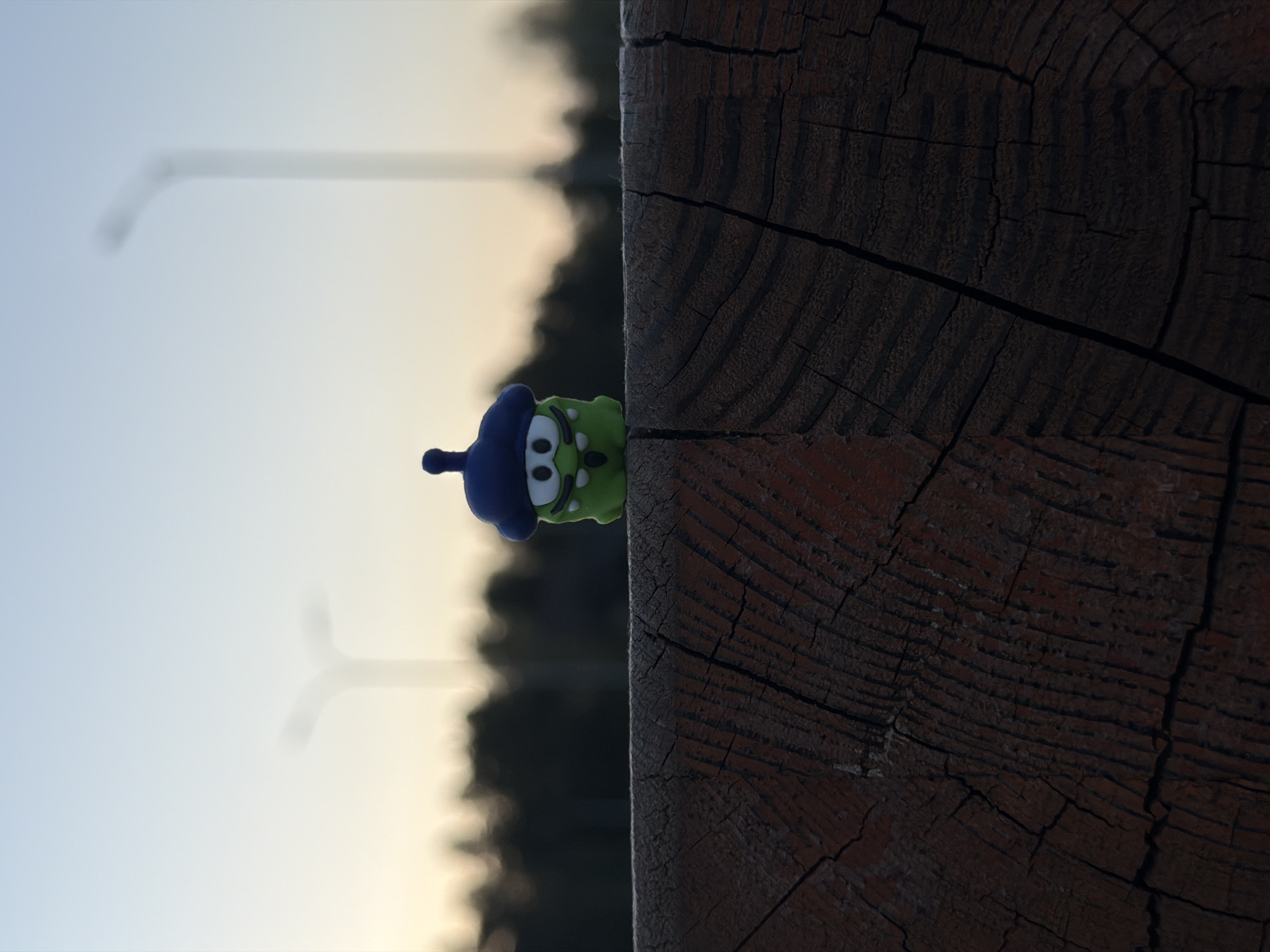 A green and blue Om Nom toy figure is wedged in a crack in a dark wooden post. The background features a blurred landscape with streetlights against a light sky. This scene appears to be located in Markovskii, Russia.