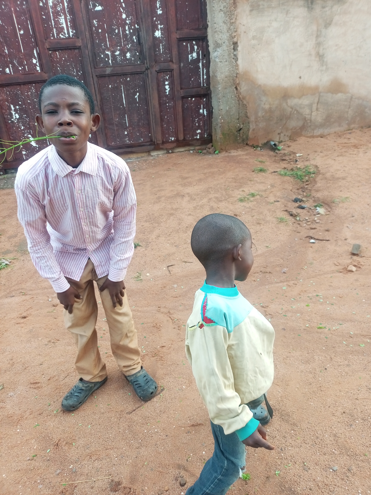 A young boy with a light skin tone, wearing a pink and white striped button-up shirt, tan pants, and dark green clogs, stands in the foreground with a sprig of greenery in his mouth. He is looking at the camera with his head tilted back. Behind him, to the right, is another young boy with dark skin and a close-cropped haircut, wearing a long-sleeved shirt with a light tan body and light blue and red accents on the shoulders and sleeves, and blue jeans. He is looking to his right, away from the camera. The ground is composed of reddish-brown dirt with scattered small green leaves. In the background, to the left, is a large, weathered brown wooden door with vertical planks and horizontal crossbeams, showing signs of paint peeling. To the right of the door, there is a rough, textured beige wall with a cracked surface and some darker staining. The overall setting appears to be an outdoor, dusty area in what is stated to be Tempure, Nigeria.