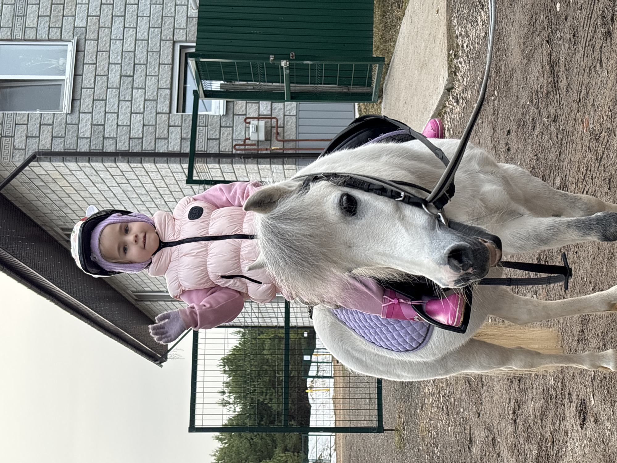 A young child wearing a pink jacket, purple head covering, and helmet is seated on a white pony. The pony is equipped with a saddle pad, stirrups, and bridle. The child is wearing gloves and has their hand raised. They are located outside near a building with a brick facade and a green metal structure. The ground is covered in dirt and gravel. There are trees and a fence in the background. The location is near Русский Вожой, Russia.
