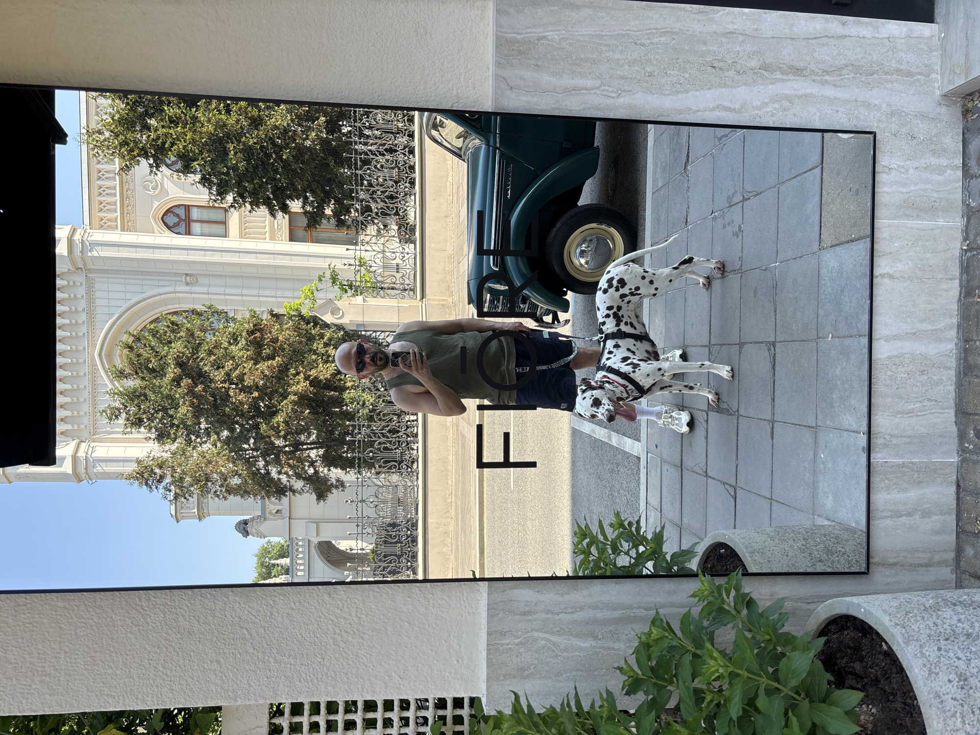 A man stands in front of a mirror with two Dalmatian dogs. He wears a tank top, shorts, sunglasses and sneakers. He is holding a cell phone, presumably to take a photo. Reflected in the mirror is a building with architectural details and trees, a vintage green car, a decorative fence, and the adjacent sidewalk. There is a decorative planter to the right of the mirror. The reflection implies this image was taken in Moscow, Russia due to the distinctive architecture of the building reflected in the mirror.
