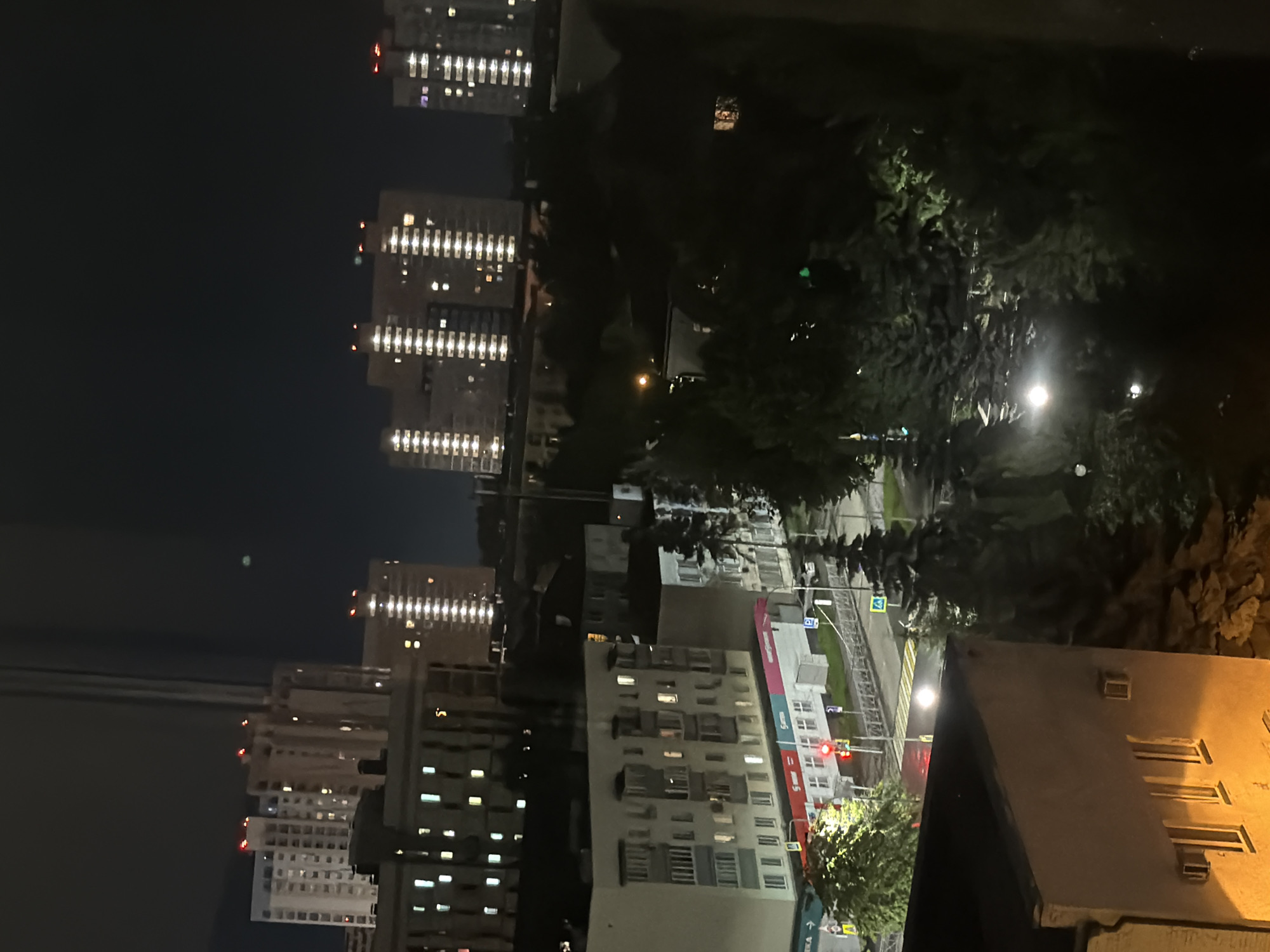 The image depicts a nighttime view of a residential area, likely in Kazan, Russia, characterized by tall apartment buildings illuminated by numerous windows. The perspective is from a higher vantage point, possibly a window, looking down and across at the urban landscape. Dark trees are prominent in the foreground, obscuring parts of the view and adding depth to the scene. The sky is dark, indicating it is nighttime, and there is no visible weather information.
The buildings themselves are the primary subjects, showcasing a typical urban residential structure with many stories and repeated architectural patterns. Lights are on in many of the windows, suggesting that people are home and active within the apartments. A street is visible running between the buildings, with streetlights casting a glow and traffic lights indicating a junction. One building in the mid-ground has some visible signage, including the word "Synergetic" in pink and white letters, along with a red and white logo that appears to be a stylized 'S' with a circle. There is also a red traffic light visible. The overall mood of the image is quiet and observational, with the illuminated windows creating a sense of life within the otherwise dark night. The presence of the trees in the foreground suggests a location with green spaces integrated into the urban environment.