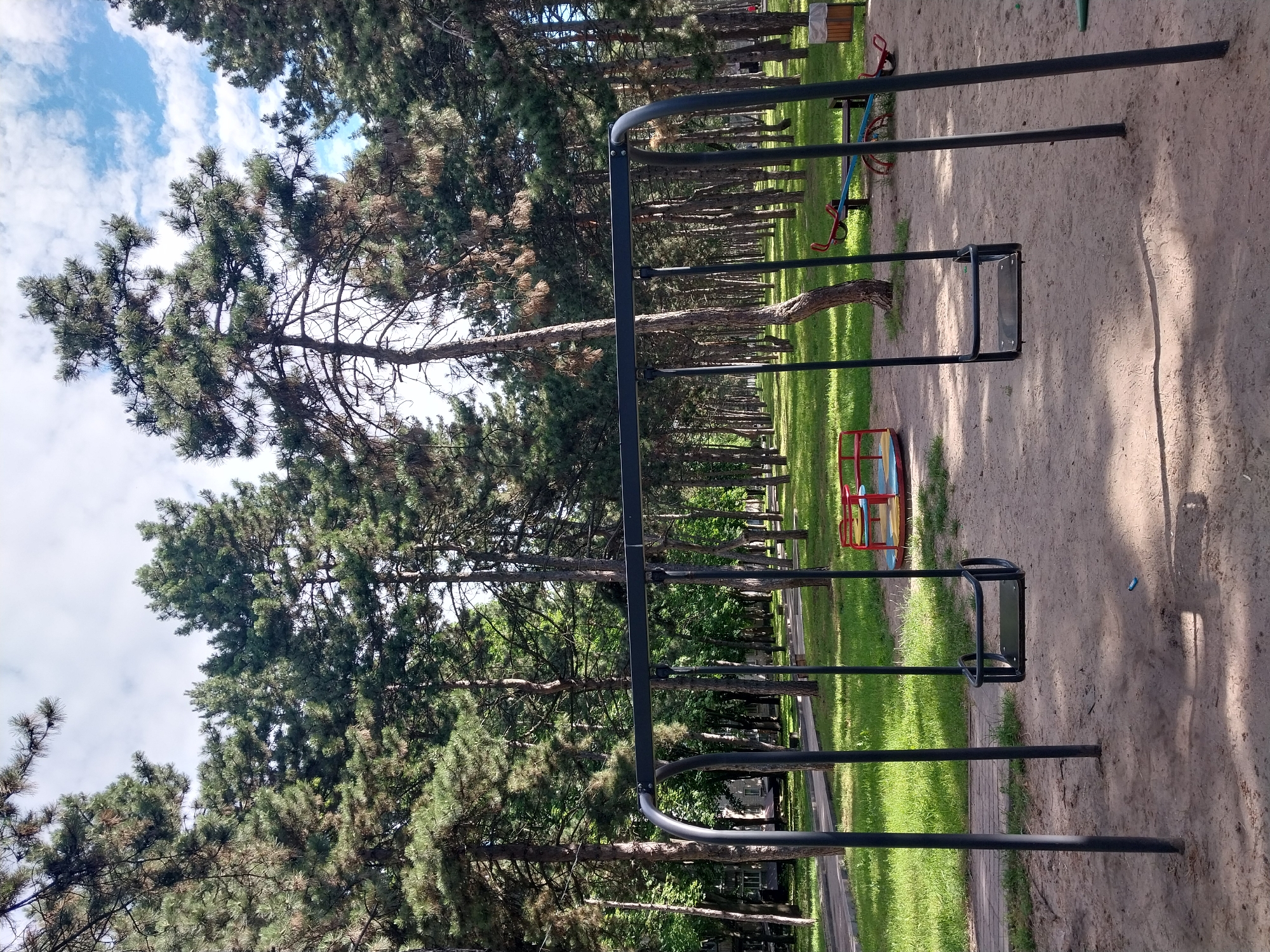 A sunny day in Dnipro, Ukraine. The image captures a playground with swings, a carousel, and a seesaw, nestled among tall pine trees. The ground is covered with sand, a common feature in playgrounds. The swings appear to be made of metal and plastic. The carousel is colorful, with red and yellow seats. The seesaw is blue and red. There are no people in the image. The environment is peaceful and natural, with a hint of urban life suggested by a building visible in the background.