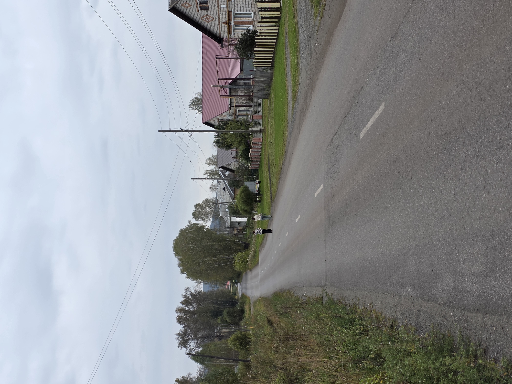 The image depicts a rural road in a village, possibly in or near Magnitka, Russia. The road is asphalt and has white dashed lines indicating lanes. On the right side of the road, there are several houses with red and grey roofs, fences made of wood and brick, and well-maintained lawns. Trees and bushes are visible between the houses and along the road. Two women are walking on the right side of the road, facing away from the camera. The left side of the road is bordered by overgrown grass and weeds. The sky is overcast, suggesting a cloudy or possibly damp day. Power lines run overhead, supported by utility poles. The overall scene conveys a quiet, everyday atmosphere in a rural setting.