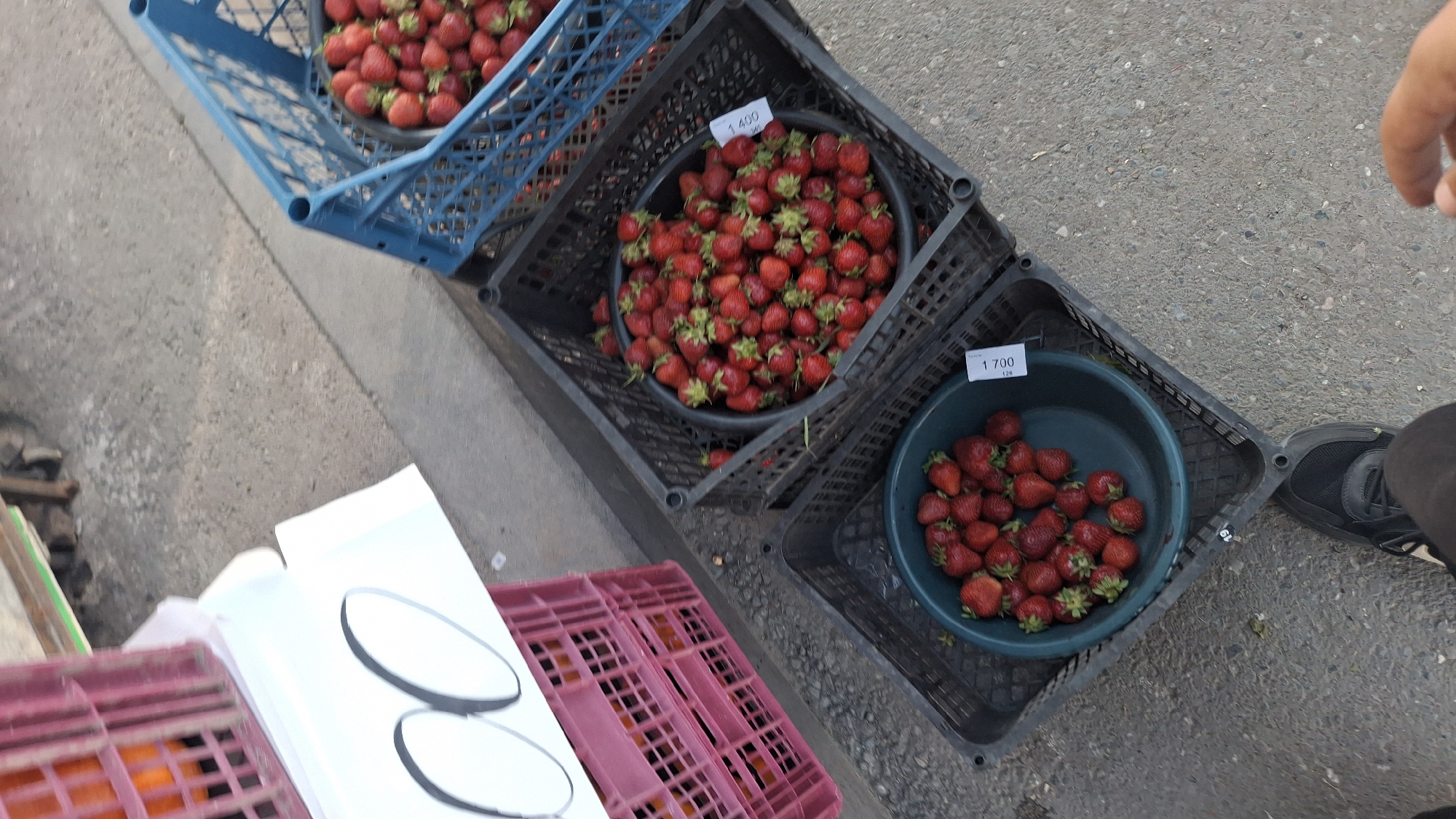 The image provides a high-angle view of a market stall or roadside setup featuring several containers of fresh strawberries on a concrete surface. Three plastic crates are arranged diagonally across the frame.
The uppermost crate, blue in color, is partially visible and contains a bowl filled with red strawberries. Below it and to the right, a black plastic crate holds a large black bowl overflowing with bright red strawberries, many still bearing their green caps. A white price tag is prominently displayed in this bowl, showing the numbers "1 400". Further down, another black crate contains a teal-colored bowl, also filled with ripe red strawberries. This bowl has a white price tag indicating "1 700", with a smaller number "126" printed beneath it.
In the lower left portion of the image, part of a pink plastic crate is visible, topped with white sheets of paper or cardboard, possibly for display or packaging. A person's right foot, wearing a black athletic shoe, is visible in the bottom right corner of the frame, suggesting the presence of a vendor or a customer. The scene appears to be outdoors, illuminated by natural daylight, indicating a daytime setting for the selling of produce.