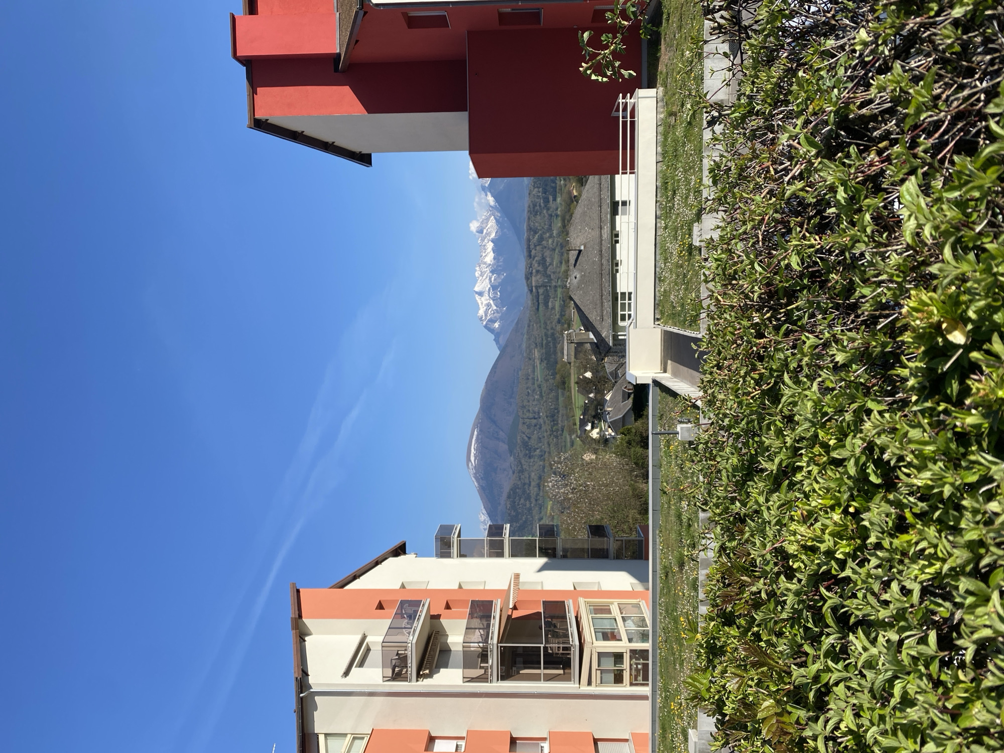 A vertical shot in La Mure, France, shows a view of snow-capped mountains framed between two buildings. The building on the left is peach and white with glass-enclosed balconies. On the right, the building is red and white. A bush occupies the right side of the frame. Patches of grass are visible, with white flowers. The sky is blue with a contrail.